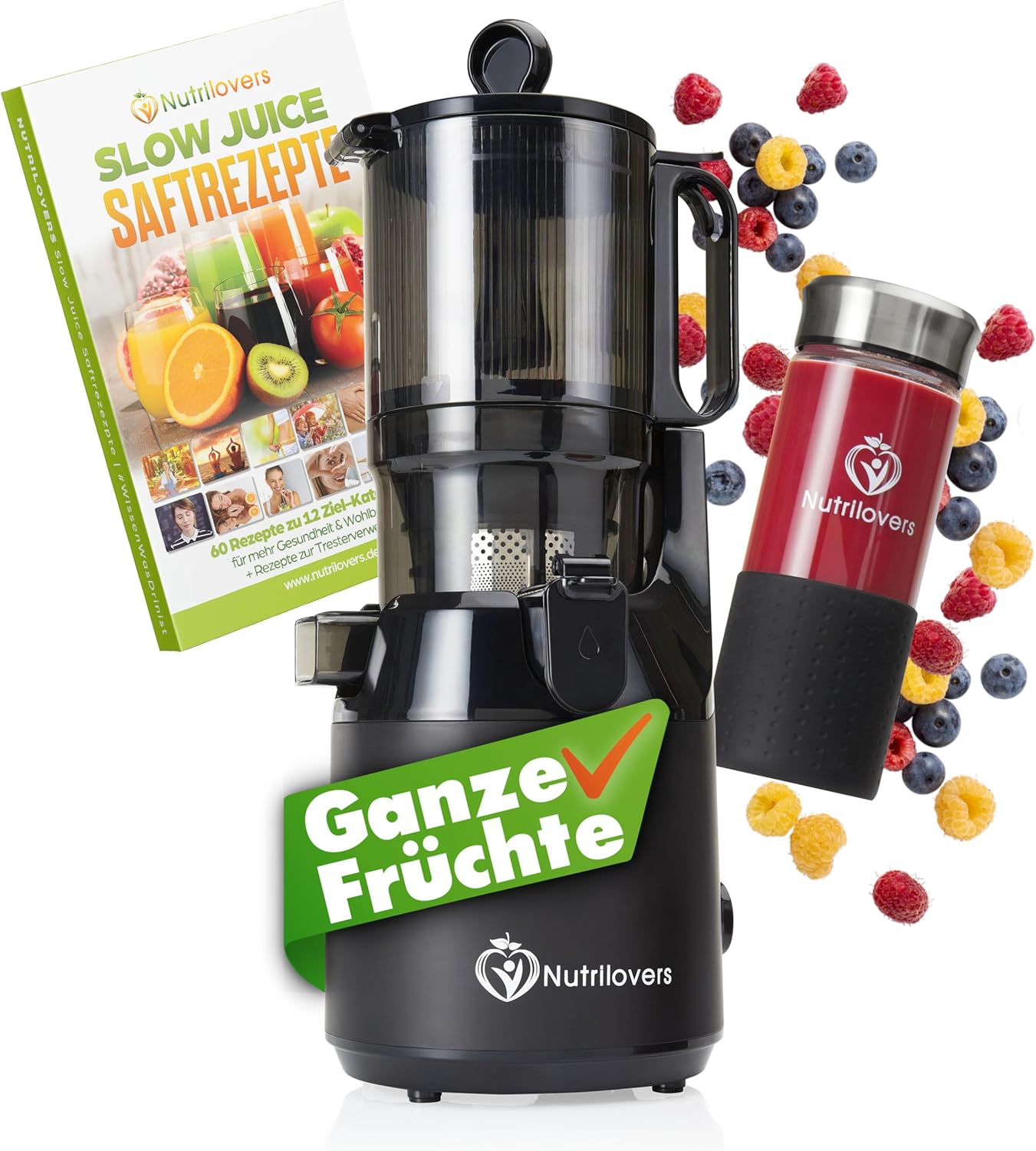 Nutrilovers Slow Juicer Nutri-Press Max Ganzfrucht-Entsafter mit XXL-135-mm-Öffnung, BPA-frei, inklusive Saftflasche, Slow-Juice-Rezeptbuch