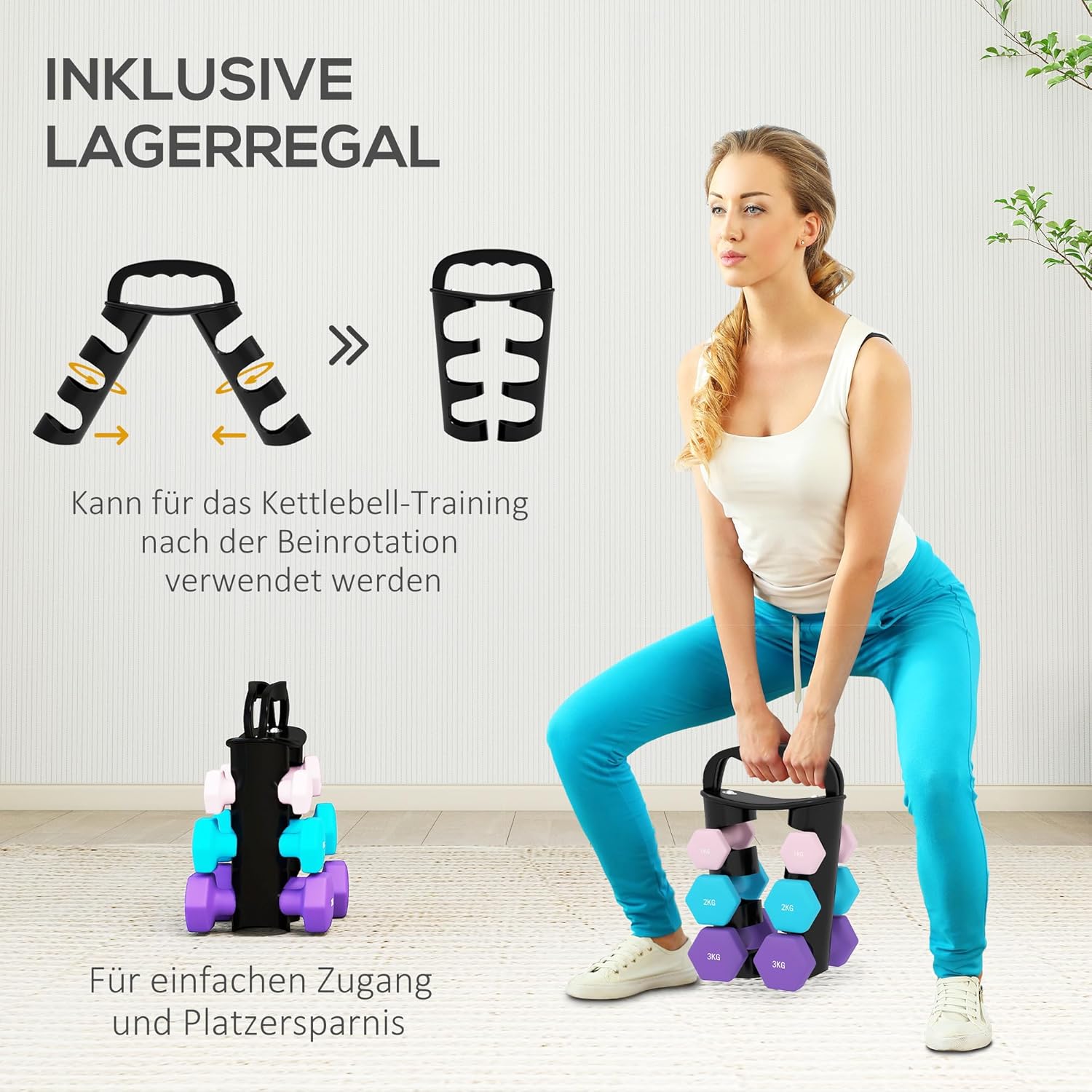 SPORTNOW Hanteln 6er Set Hanteln mit klappbarem Hantelständer, 2 x 1 kg, 2 x 2 kg, 2 x 3 kg, Sechseck-Hanteln, Kettlebell für Fitness, Gymnastik, Zuhause – Bild 4