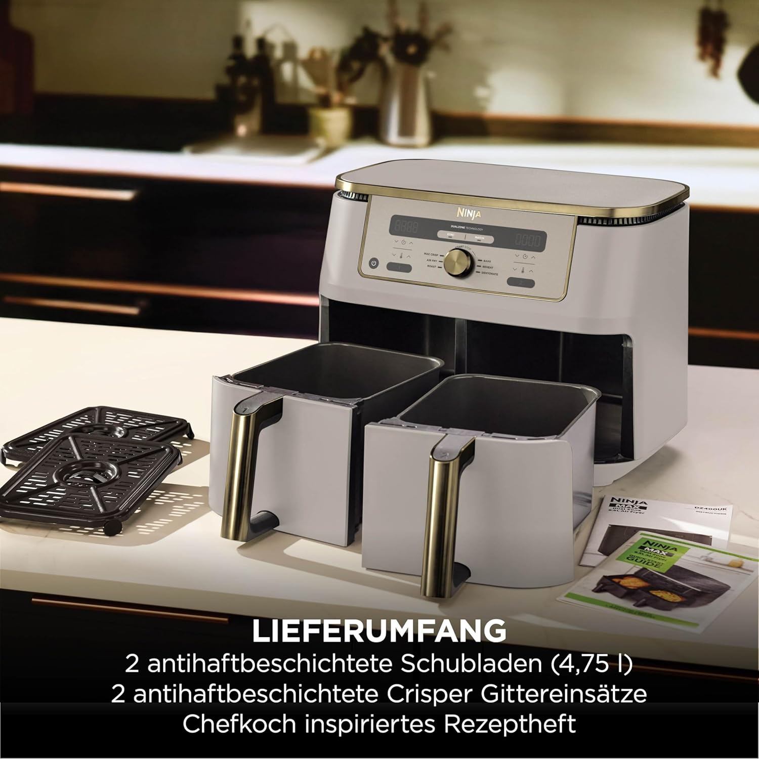 Digitale Dual-Zonen-Luftfritteuse von Ninja, 2 Schubladen, 6-in-1, Heißluftfritteuse, 9,5 l, Heißluftfritteuse, maximale Knusprigkeit, Braten, Backen, Aufwärmen, spülmaschinenfeste Körbe, Stein/Gold DZ400EUSTGD – Bild 9