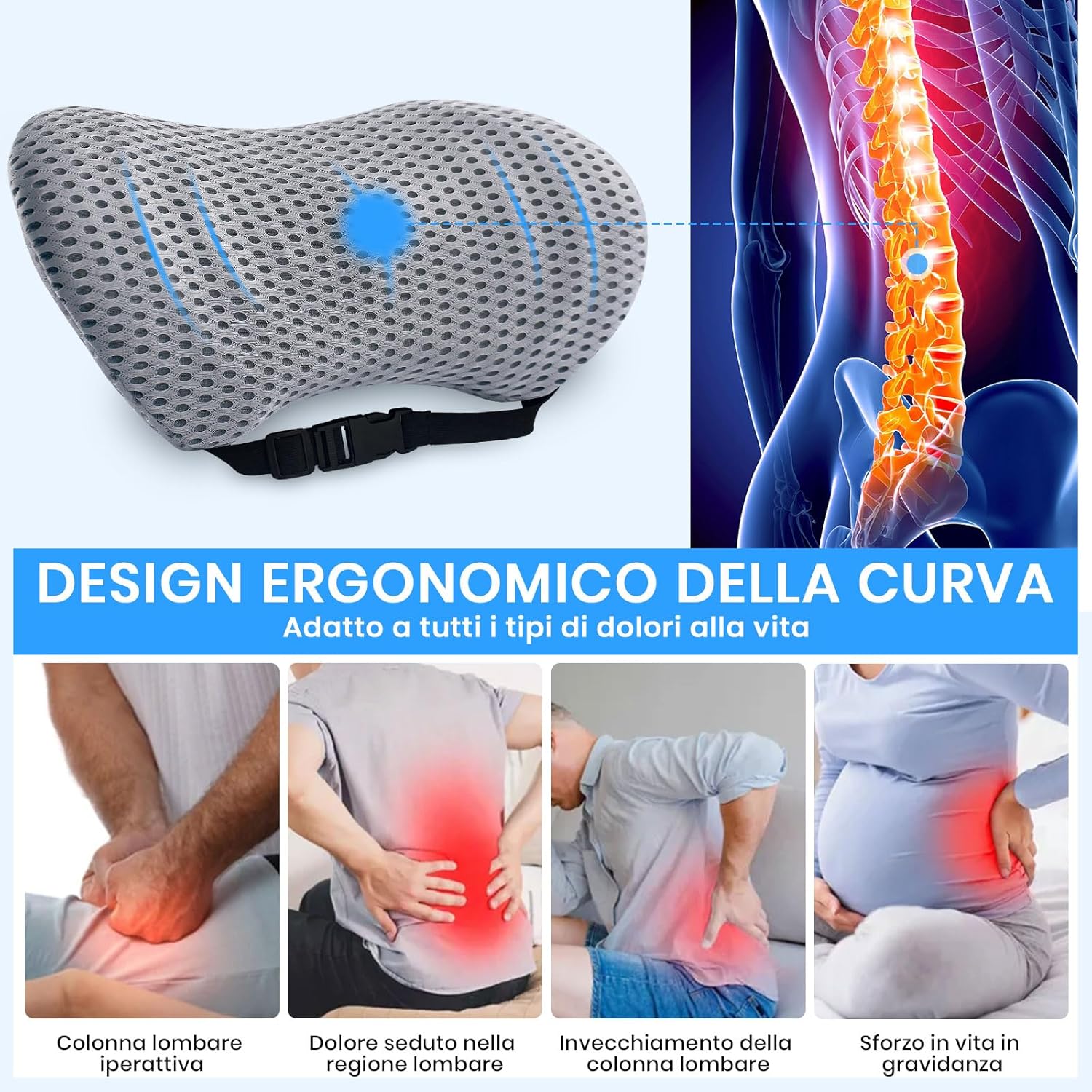 Lendenkissen-Rückenlehne, Lendenstützkissen für Bürostuhl und Autositz, Memory-Schaum-Rückenstützkissen mit verstellbarem Gurt, ergonomisches Lendenkissen für Autositze, Bürostuhl (grau) – Bild 4
