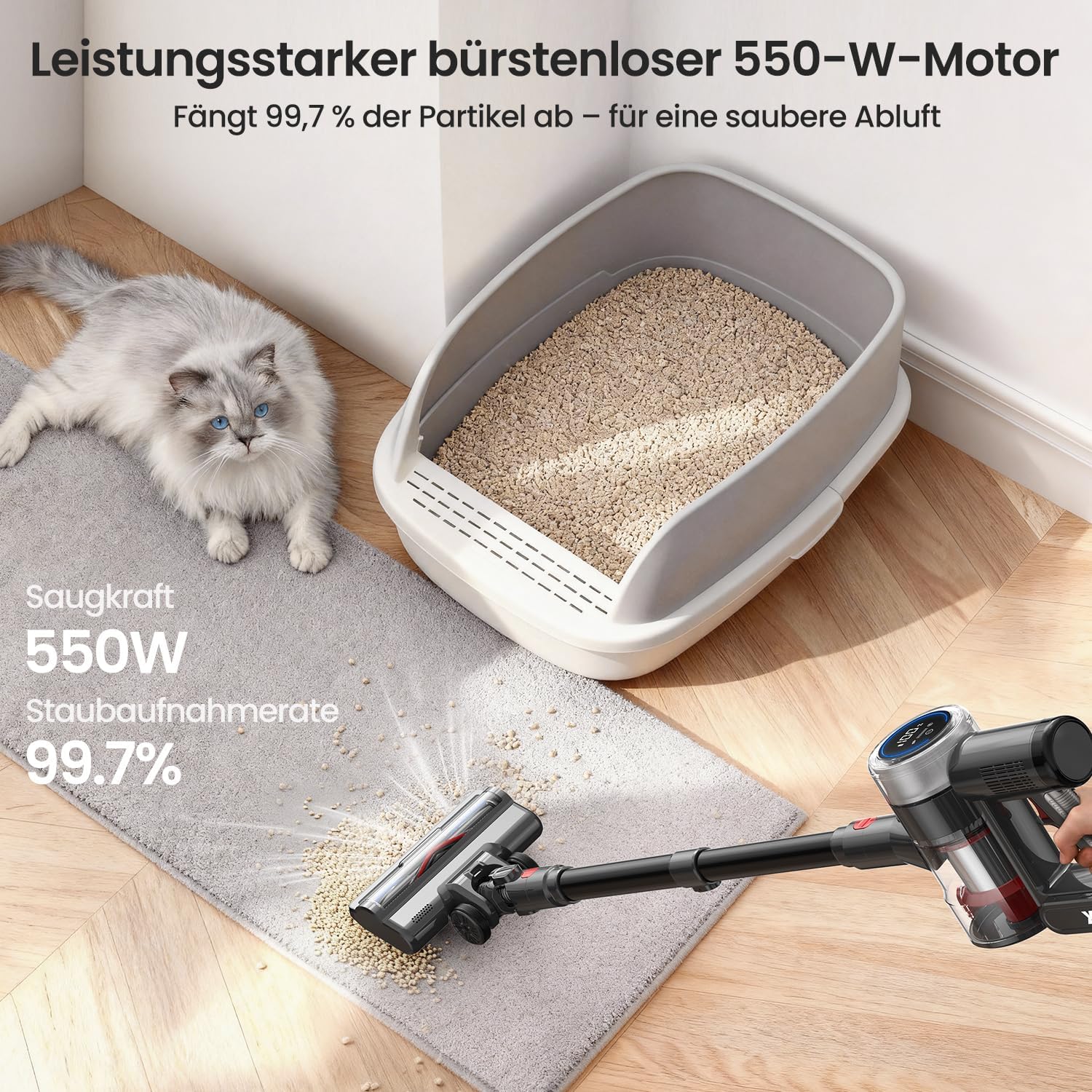 Xlife Akku-Staubsauger 550 W, 45000 Pa Saugleistung, 40 Minuten Laufzeit, Anti-Haar-Wickelbürste, grüner Staubsensor, HEPA-Filter, für Tierhaare, Teppich, Hartböden – P2 (Hellgrau) – Bild 3