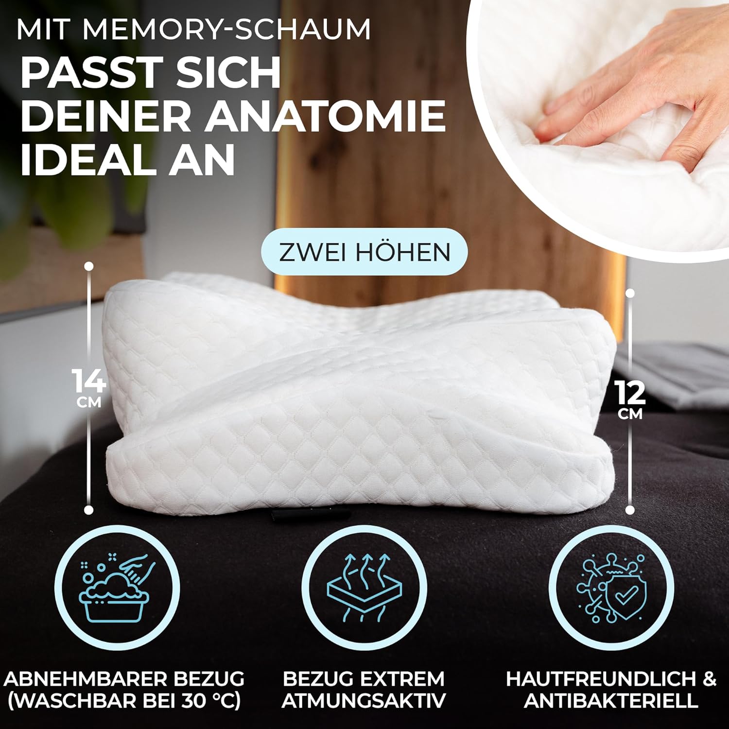 Nackenstützkissen, ergonomisches Memory Foam-Kissen für alle Schlaftypen, inklusive Bezug, Öko-Tex-geprüft, temperaturausgleichende Wirkung, weiß – Bild 4