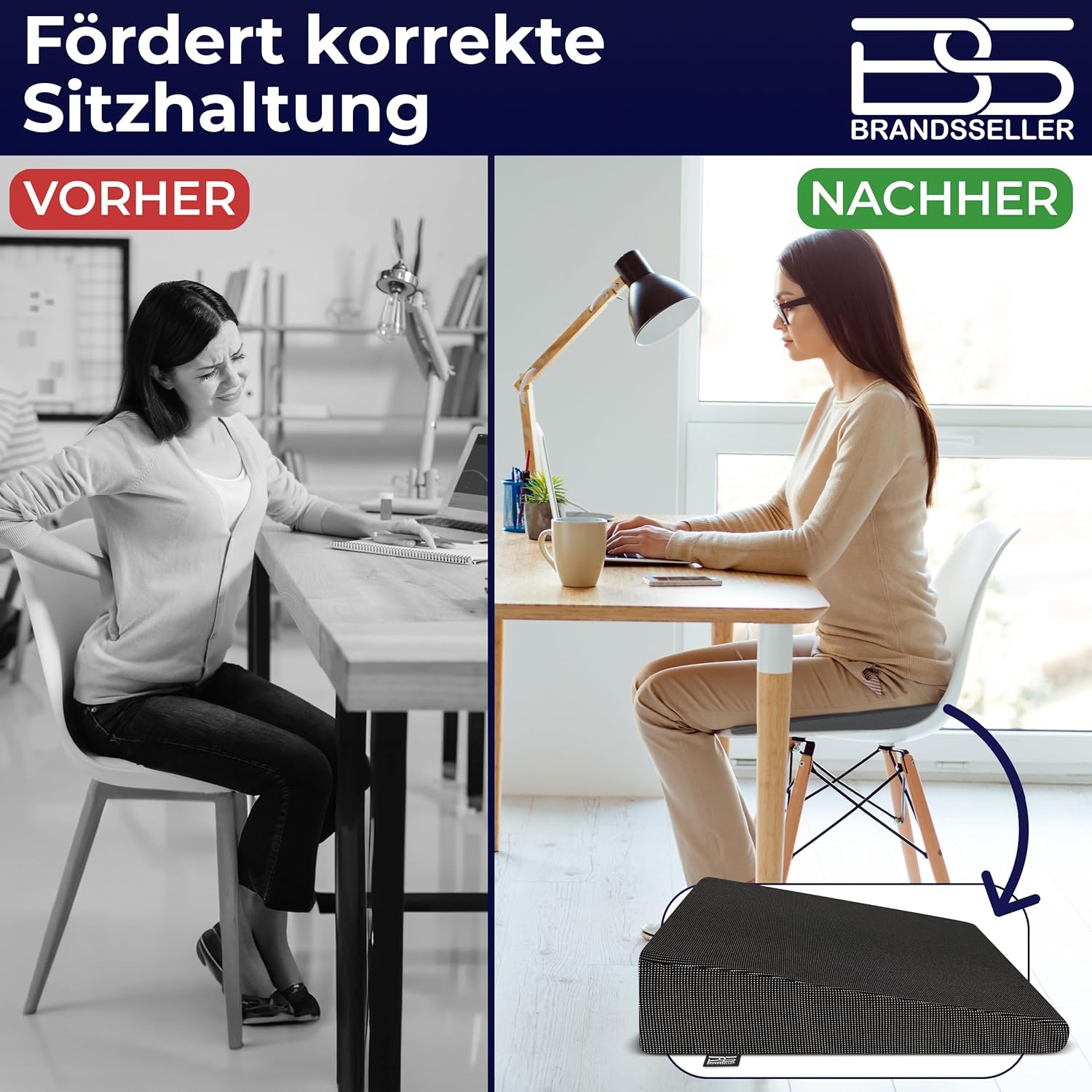 Brandsseller Sitzkeilkissen für Stühle, Autositz, Bürostuhl, 38 cm x 38 cm x 8/2 cm – Bild 3