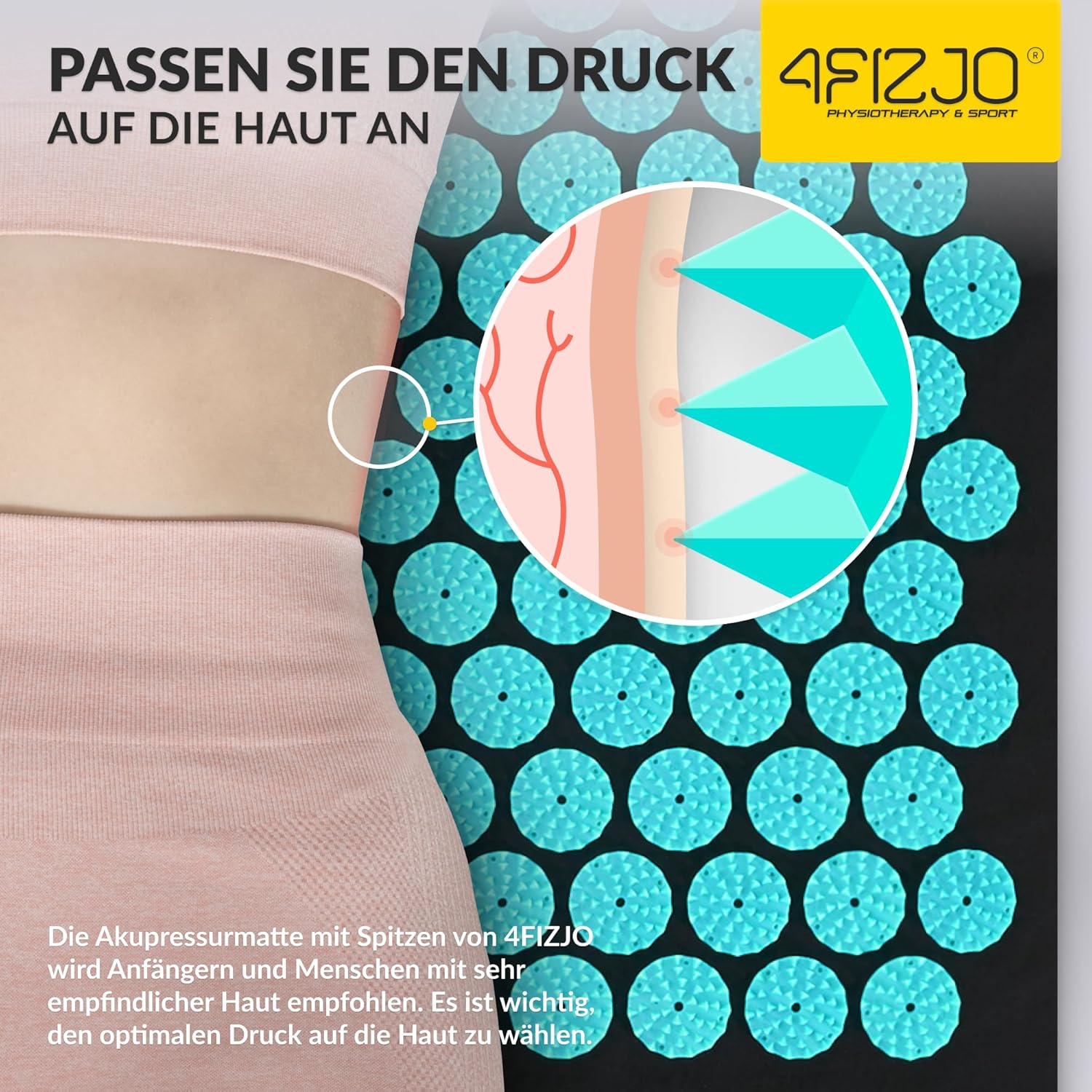 4FIZJO Akupressurmatte & Kissen, 68x42x2 cm, mit Tragetasche, Polyurethanschaum, Hypoallergen, 9618 Stacheln, Massagematte für bessere Durchblutung, Muskeln Entspannung, Farbe: Schwarz und Blau – Bild 3