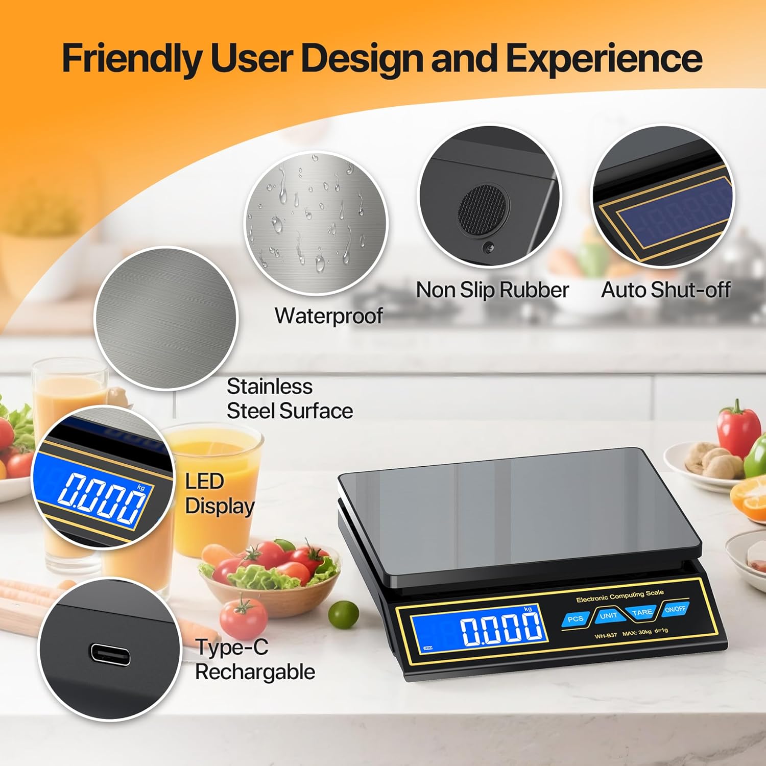 Küchenwaage 30 kg, Digitalwaage aus Edelstahl, Paketwaage, Präzisionswaage, 1 g für Gastronomie, Abmessen von Fleisch, Wurst, Kaffeewaage mit LCD, Stückzählung, Tarafunktion, 9 Einheiten, automatische Abschaltung, USB-C wiederaufladbar – Bild 6