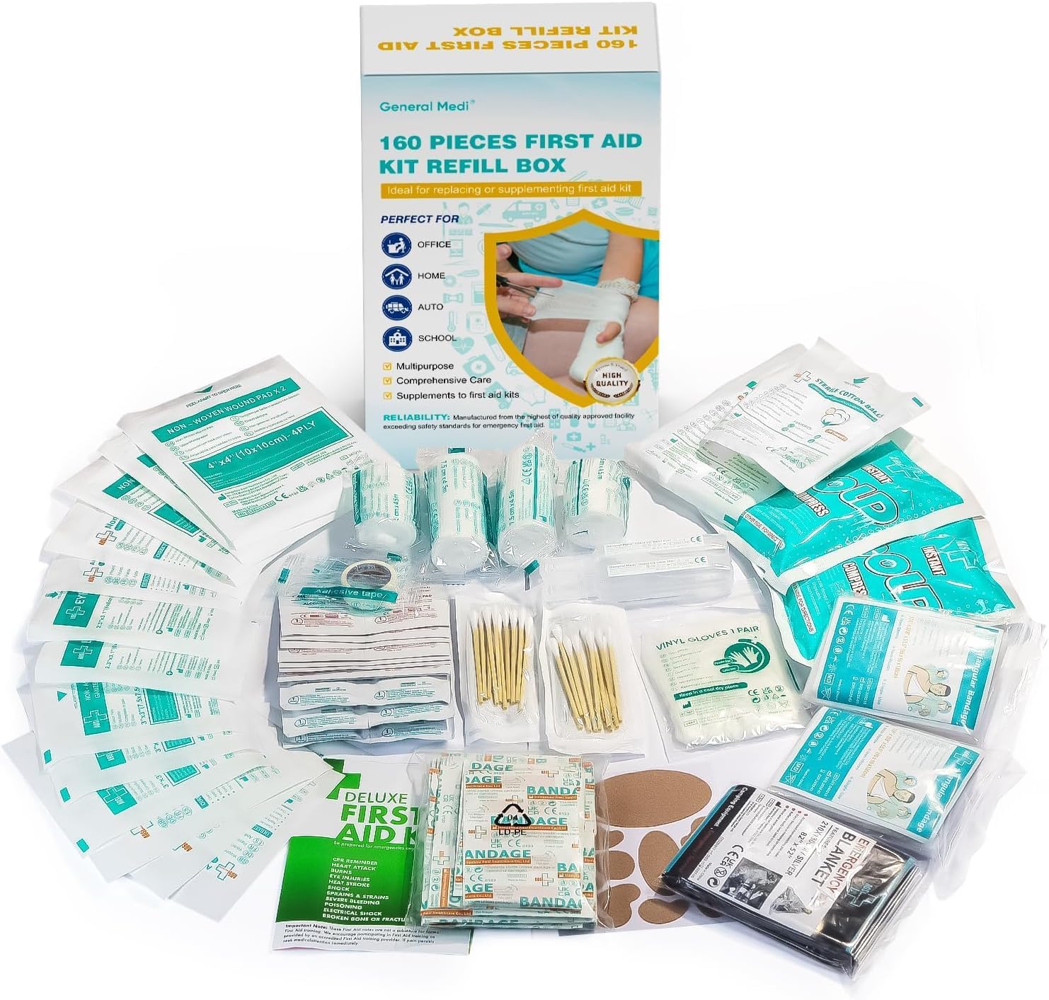 General Medi Erste-Hilfe-Set – 160-teiliges Erste-Hilfe-Nachfüllset für Zuhause, Auto, Reisen, Büro, Sport, Wandern, Camping, Rettung