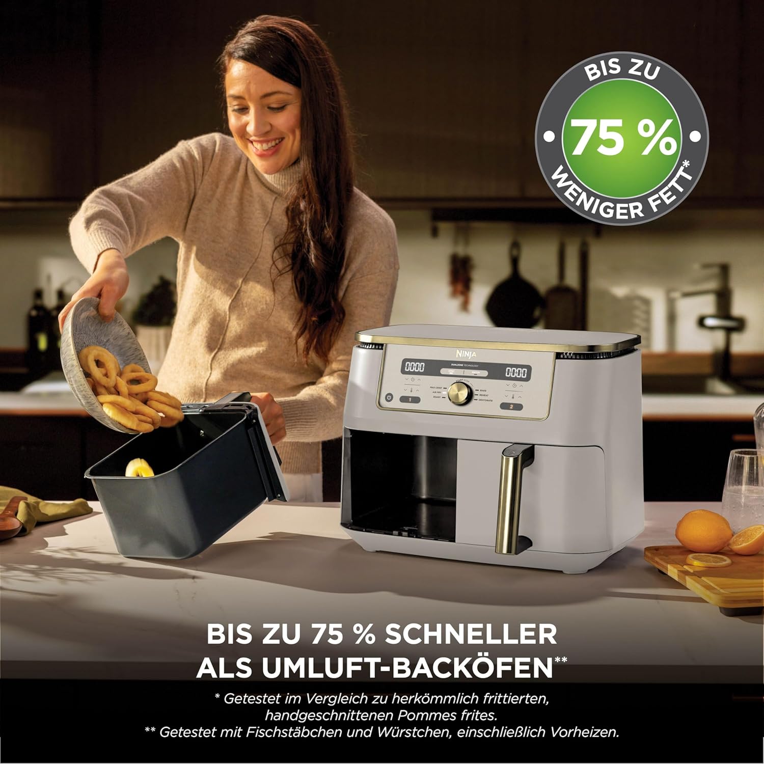 Digitale Dual-Zonen-Luftfritteuse von Ninja, 2 Schubladen, 6-in-1, Heißluftfritteuse, 9,5 l, Heißluftfritteuse, maximale Knusprigkeit, Braten, Backen, Aufwärmen, spülmaschinenfeste Körbe, Stein/Gold DZ400EUSTGD – Bild 8