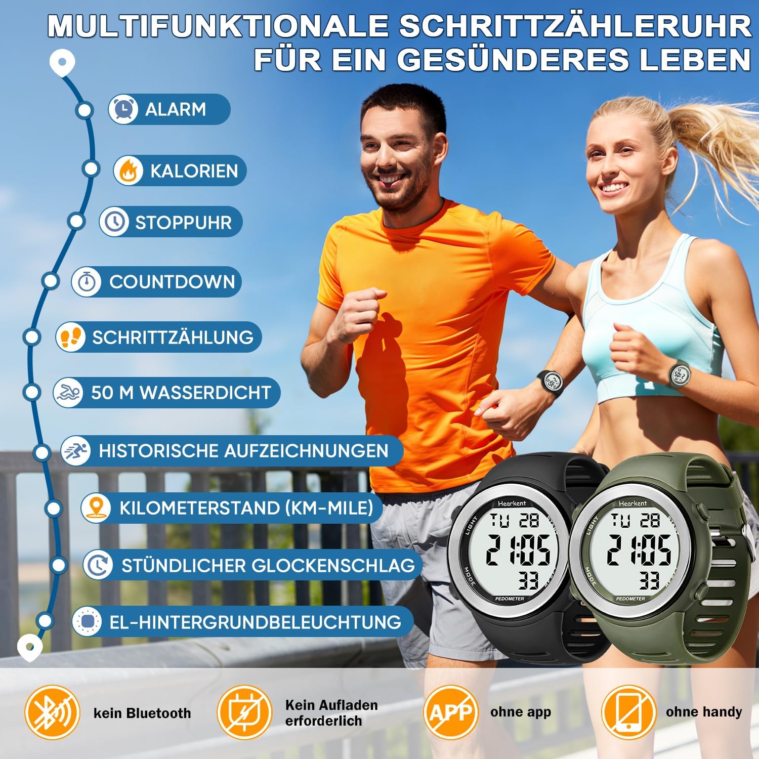 Wasserdichte Schrittzähleruhr von Hearkent für Senioren ohne Bluetooth, keine App erforderlich, mit Schrittzähler, Kalorienzähler und großen LCD-Ziffern – Bild 2