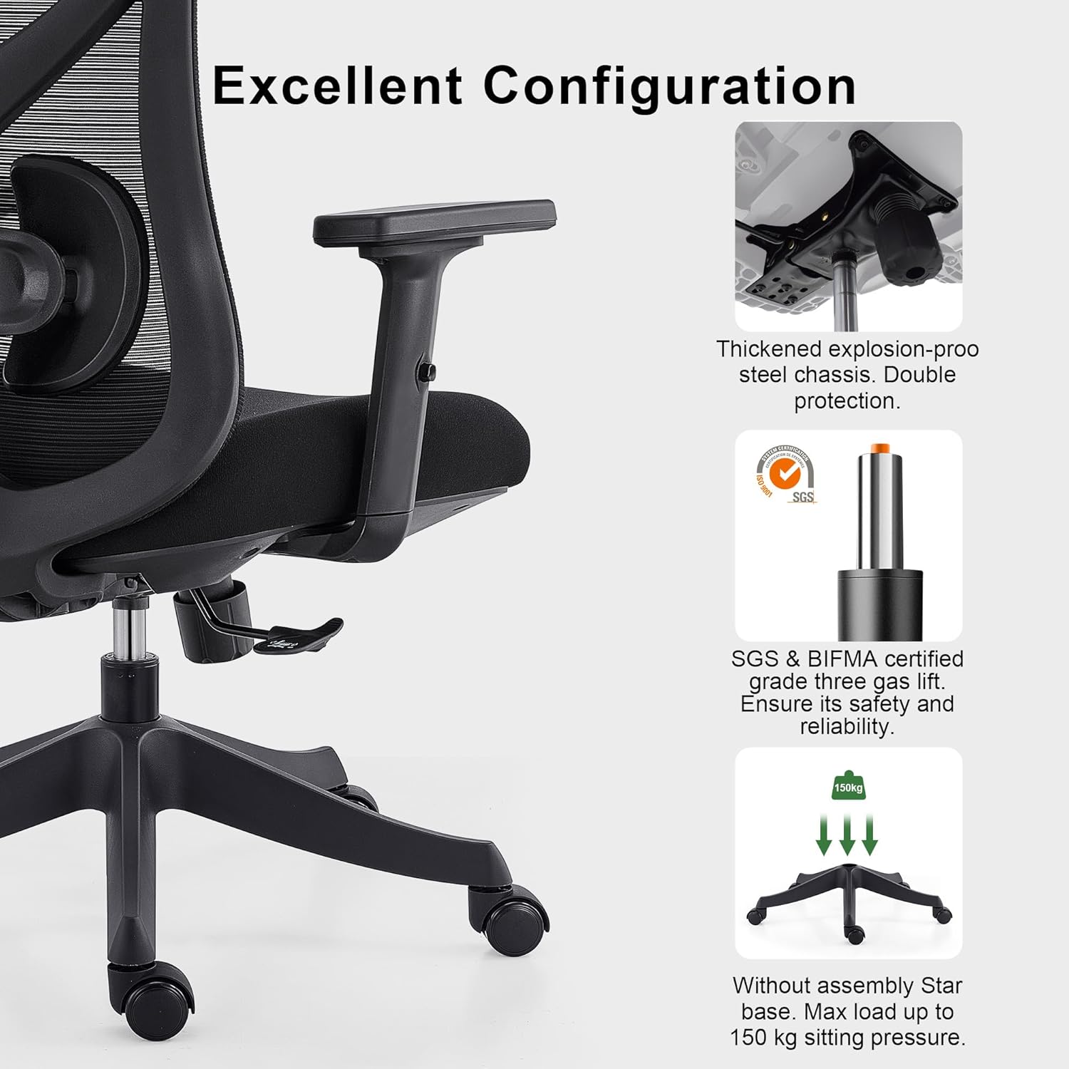 CALIYO G-1635H Ergonomischer Bürostuhl, Schreibtischstuhl mit verstellbarer Kopfstütze, Armlehnen, Lordosenstütze und Wippfunktion – Drehstuhl aus atmungsaktivem Netzstoff, Gaming-Stuhl, Bürostuhl 150 kg, Schwarz – Bild 9