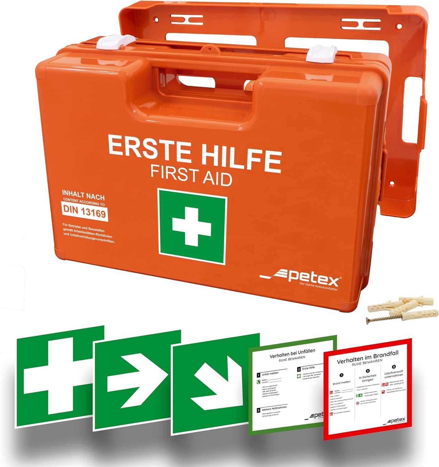 PETEX Profi-Erste-Hilfe-Set mit Inhalt nach DIN 13169, inkl. praktischer Wandhalterung, 5 x Aufkleber, Erste-Hilfe-Koffer, orangefarbenes Erste-Hilfe-Set für Gewerbe, Büro, Baustelle