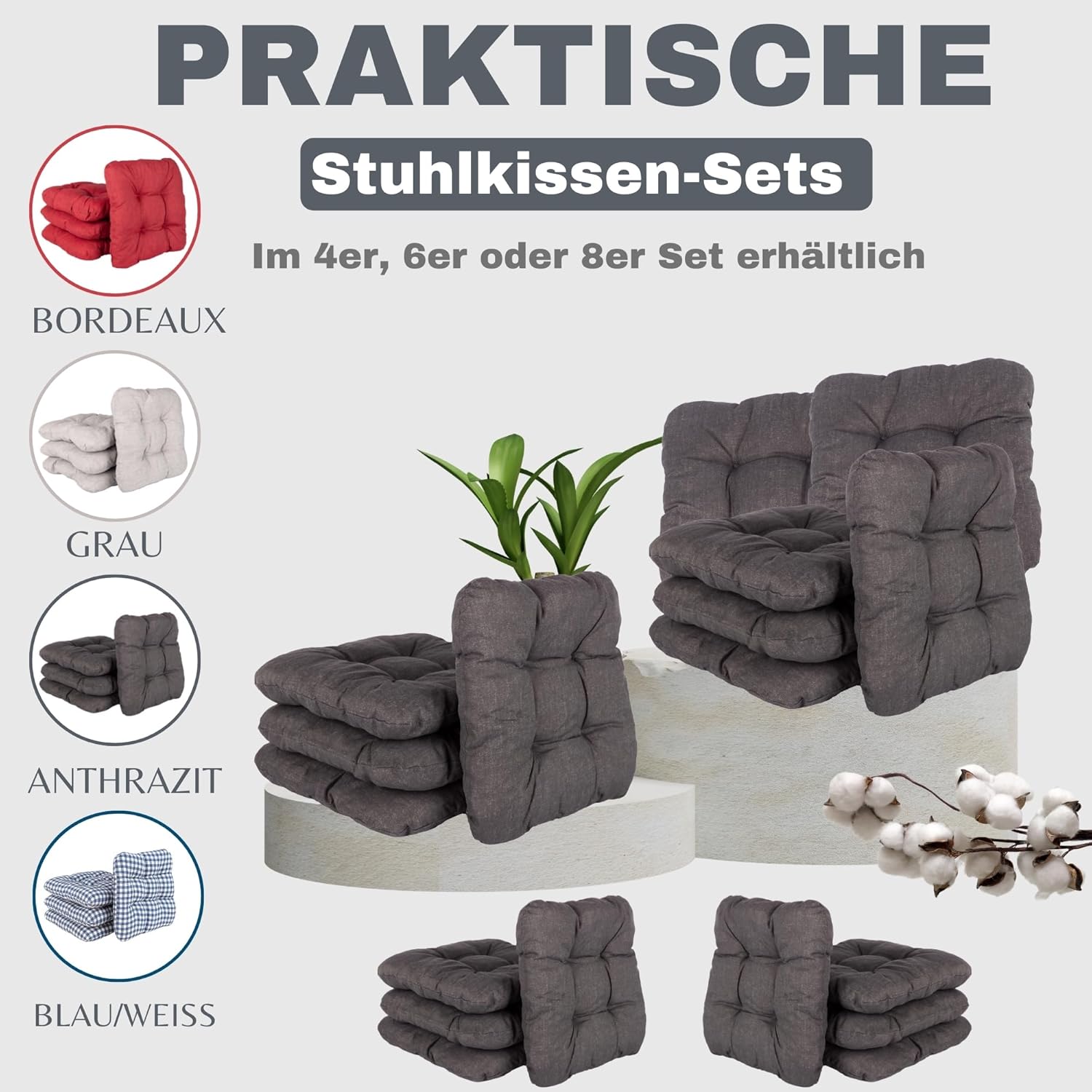 HLKauf 8er-Set Sitzkissen Anthrazit, 36 x 36 x 6 cm, weiche Kissen, für Garten, Camping, Gastronomie oder Bistro, Öko-Tex und hergestellt in der EU – Bild 5