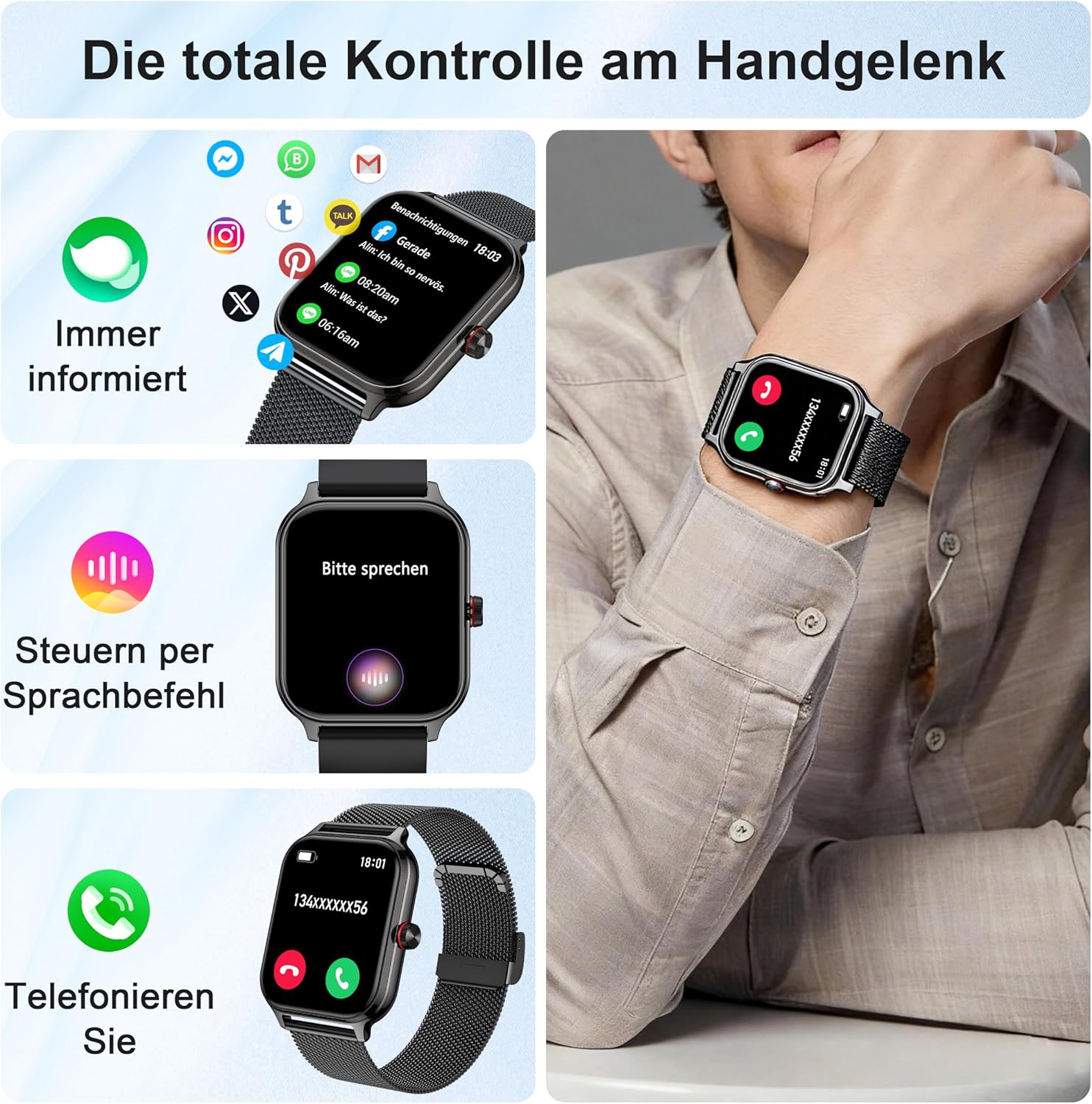LODIMEKE Smartwatch Herren Damen Telefonfunktion Blutdruck Herzfrequenz Schlaf 1,96 Zoll AI Fitnessuhr 100+ Sportmodi, IP67 Wasserdicht Schrittzähler Wecker Rechner Visitenkarte iOS Android – Bild 2