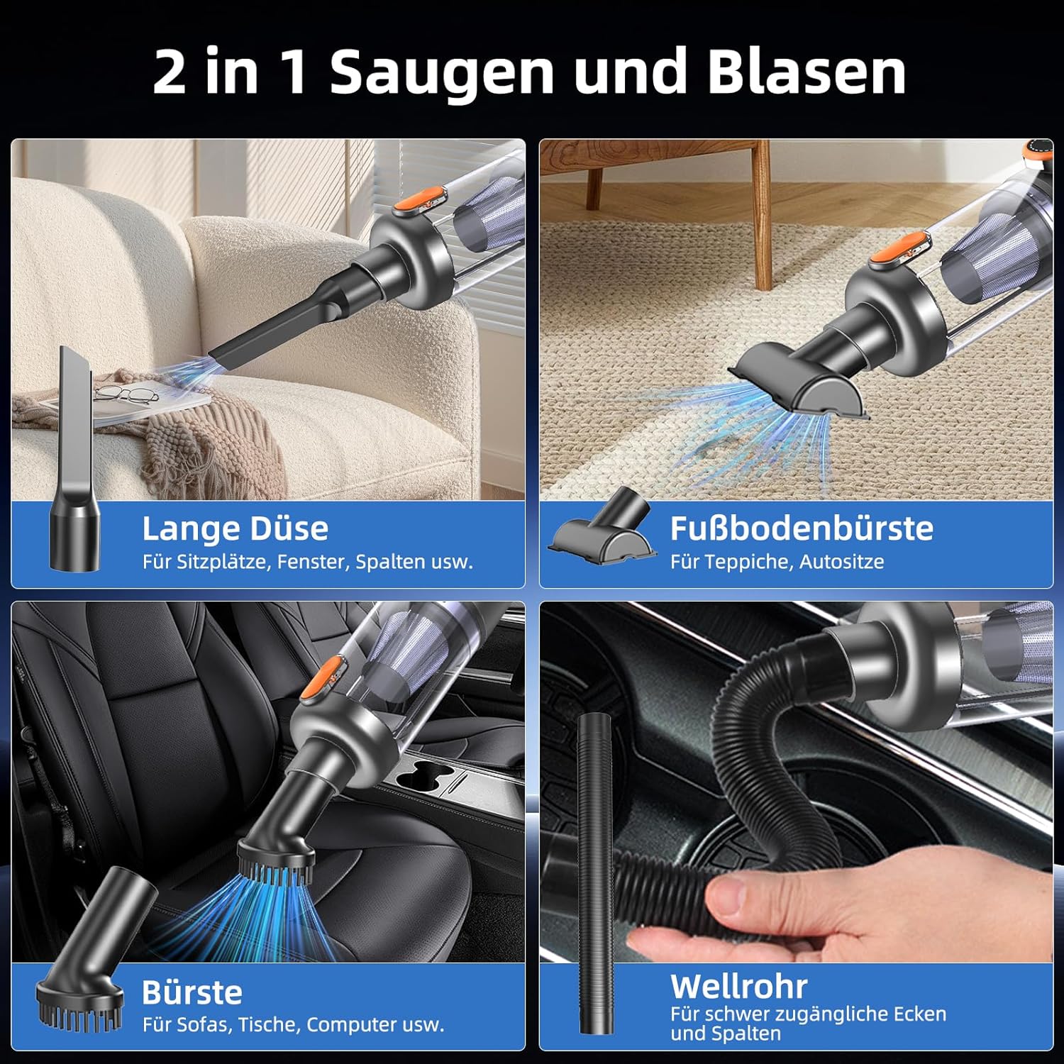 Handstaubsauger, 26000 Pa 4-in-1 Auto Staubsauger Stark, One-Touch Staubentleerung, Bürstenloser Motor, HD Display und LED Beleuchtung, Akku Staubsauger Kabellos für Zuhause/Büro/Auto, Orange – Bild 6