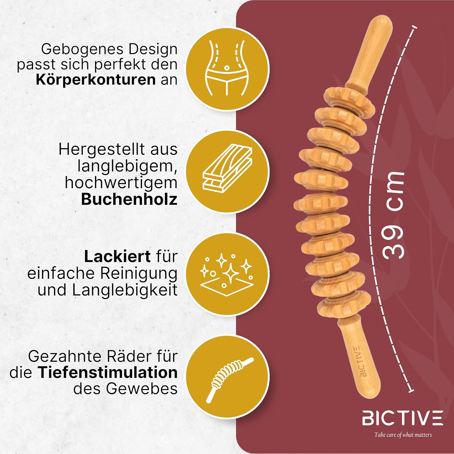 Holz-Faszienstab aus Buchenholz gegen Körper und Cellulite. Faszienrolle Holz, Massagerolle Beine, Massagegerät für die Maderotherapie. Massagerolle. Inklusive Baumwollbeutel – Bild 3