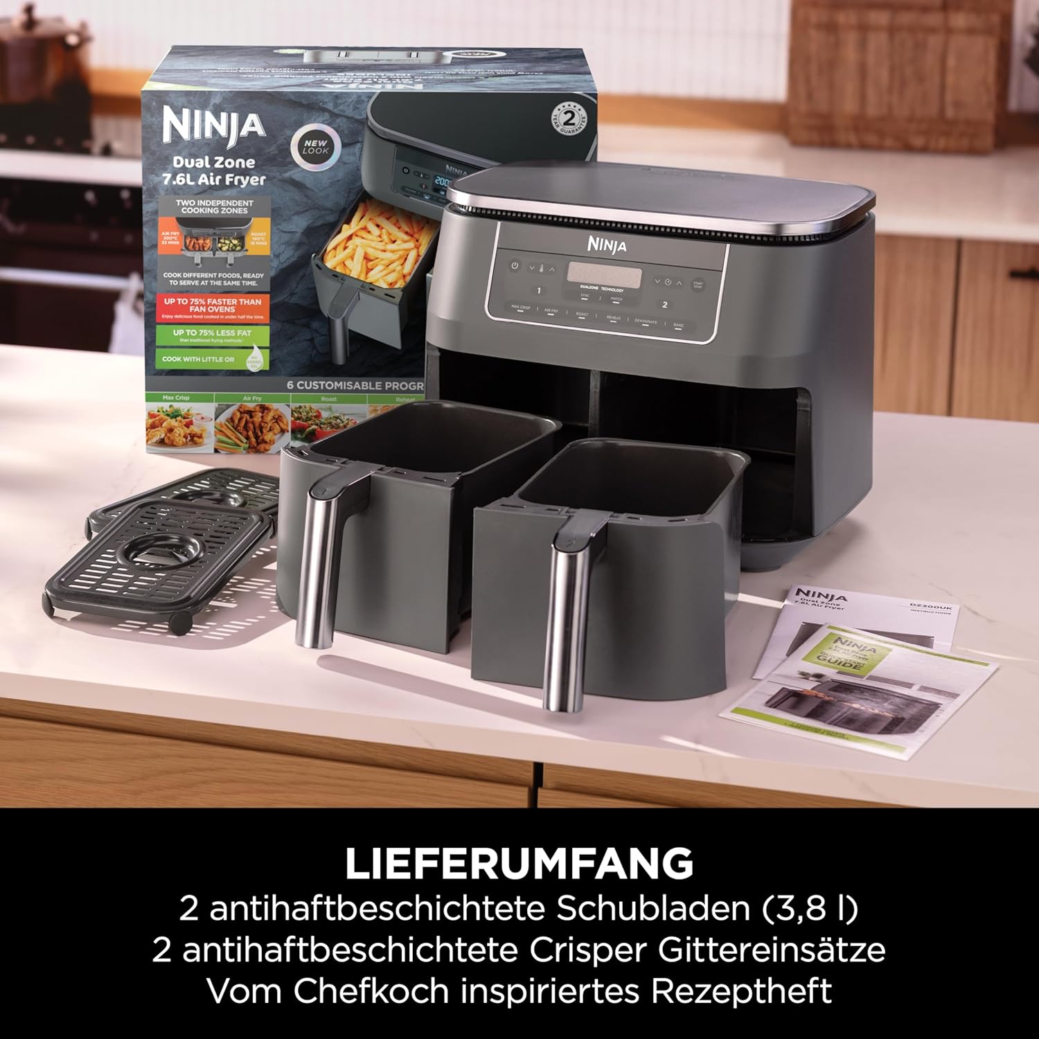 Digitale Heißluftfritteuse mit zwei Zonen von Ninja, 2 Schubladen, 6-in-1, ölfreie Heißluftfritteuse, 7,6 l, Heißluftfritteuse, maximale Knusprigkeit, Braten, Backen, Aufwärmen, spülmaschinenfeste Körbe, Metallic-Grau DZ300EU – Bild 10