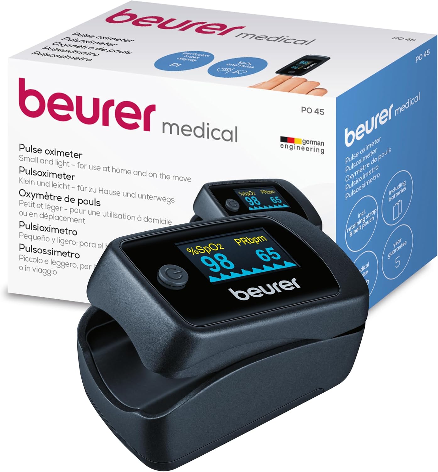 Beurer PO 40 Pulsoximeter zur Messung von Sauerstoffsättigung, Herzfrequenz und Perfusionsindex (PI), schmerzfreie Anwendung, Farbdisplay