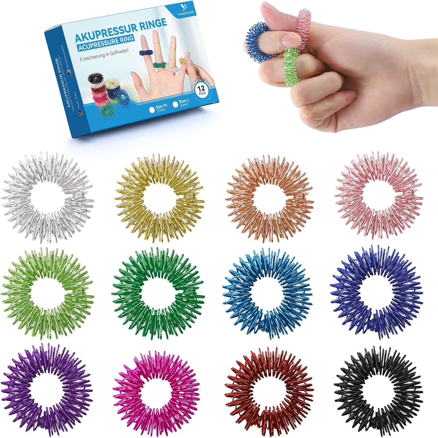 Akupressurring, 12-teiliges Fingermassagering-Set zum Stressabbau, Entspannung und Förderung der Durchblutung, 27 mm, Massagefinger, Zappelring für Erwachsene und Kinder (Farbe)