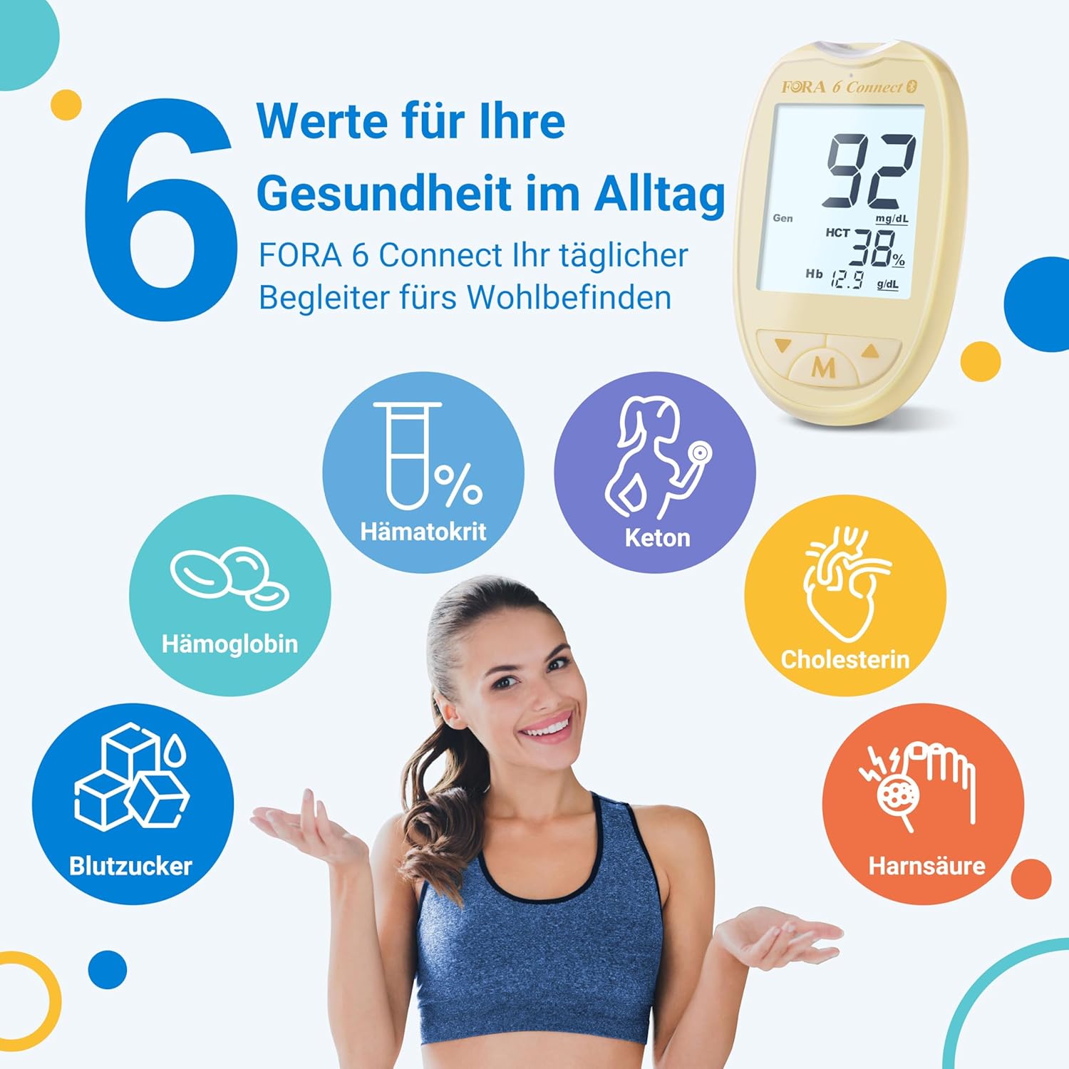 FORA 6 Connect | 4-in-1-Blutzucker-, Keton-, Cholesterin- und Harnsäuremessgerät | Für den Heimgebrauch | Bluetooth & App | Inklusive Teststreifen und Zubehör, Gelb – Bild 2