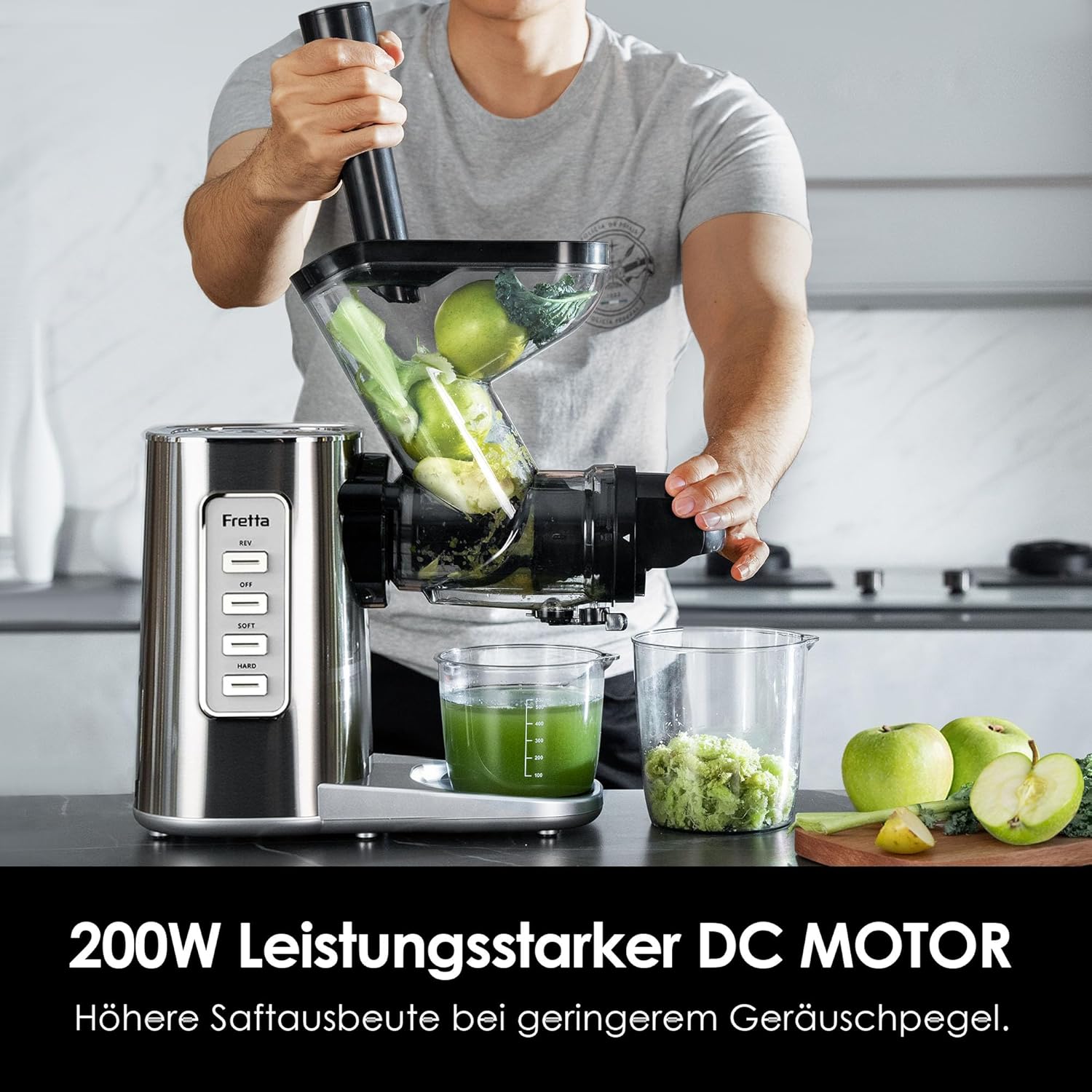 Fretta Slow Juicer Entsafter Gemüse und Obst Gemüse Testsieger 76mm Öffnung Obstpresse Elektrischer Entsafter Äpfel Sellerie Entsafter Maschine Kauende Gemüsepresse BPA-frei (Edelstahl) – Bild 8