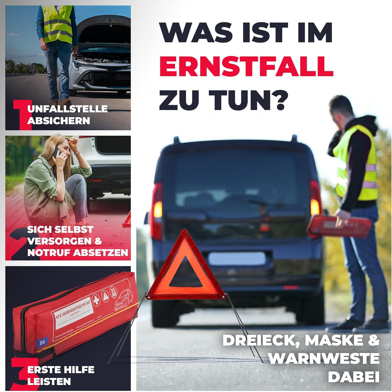 Auto-Verbandskasten inkl. Warndreieck & Warnweste bis Baujahr 2029 (EU-konform) nach DIN 13164:2022 Erste-Hilfe-Set Erste-Hilfe-Tasche Pannenset 2025 Auto Wohnmobil-Zubehör Zuhause 100 % zuverlässig Smart Planet – Bild 5