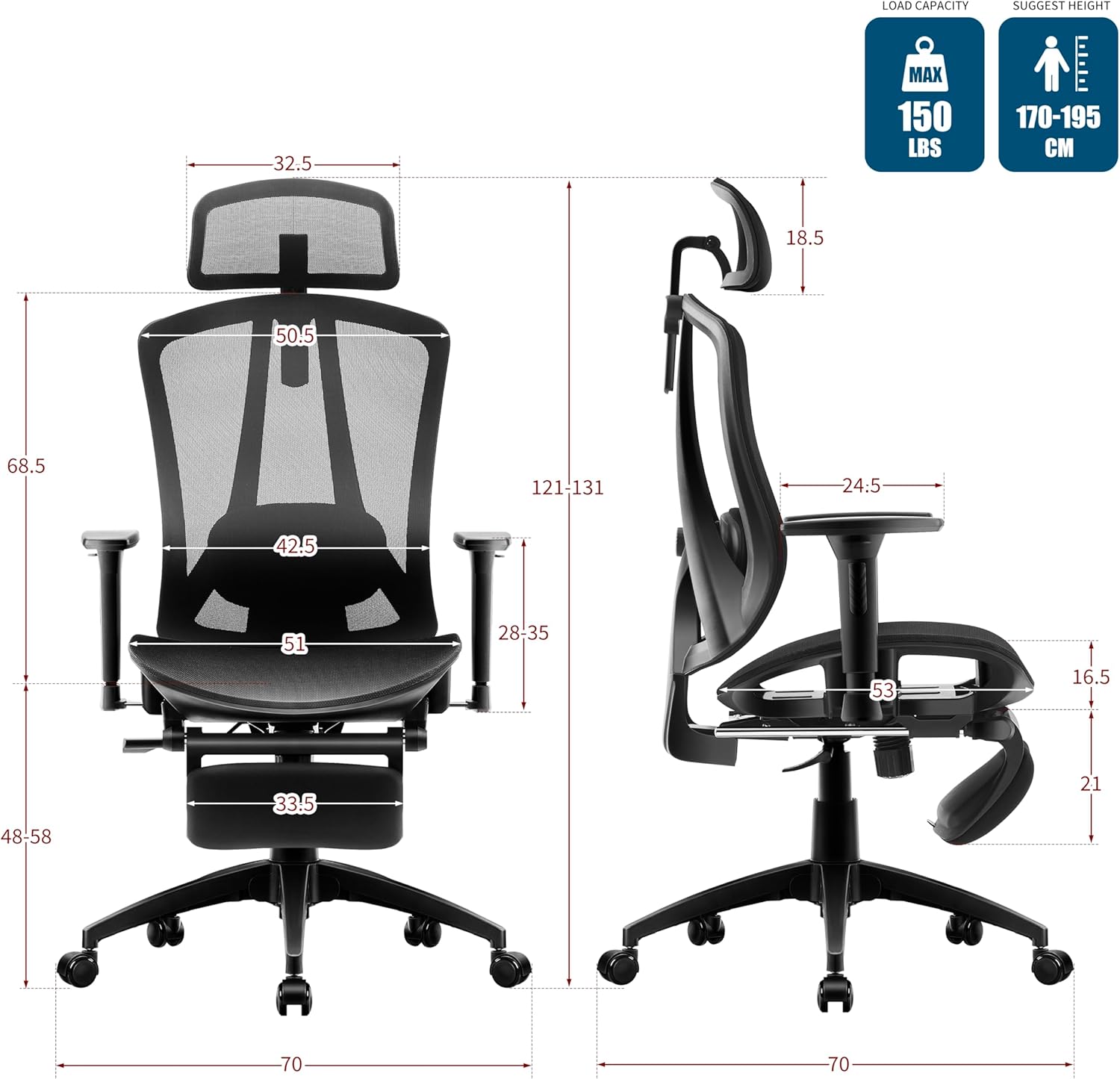 Bürostuhl Ergonomischer Schreibtischstuhl mit 2-Achsen-verstellbarer Lordosenstütze, Chefsessel aus Carbon-Netzgewebe, Computerstuhl-Rückenlehne, hoher Wasserfallsitz, 150 kg Tragkraft – Bild 3