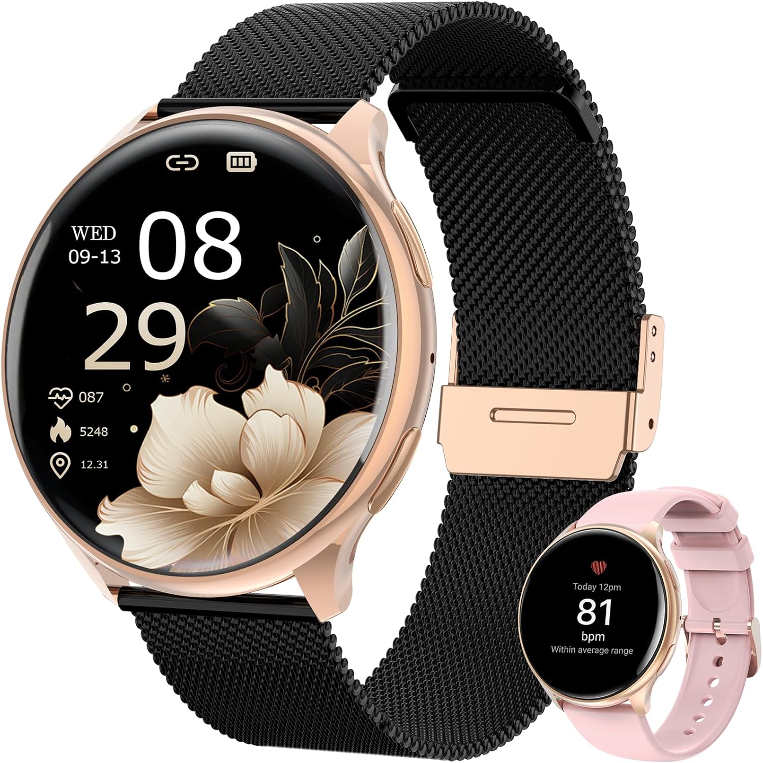 SLOKSFil Damen Smartwatch mit Telefonfunktion, 1,39 Zoll Smart Watch rund mit SpO2, 24H Herzfrequenzmesser Blutdruck Schlafmonitor, Fitness Tracker 120+ Sportmodi Schrittzähler für iOS Android (Schwarz Roségold)