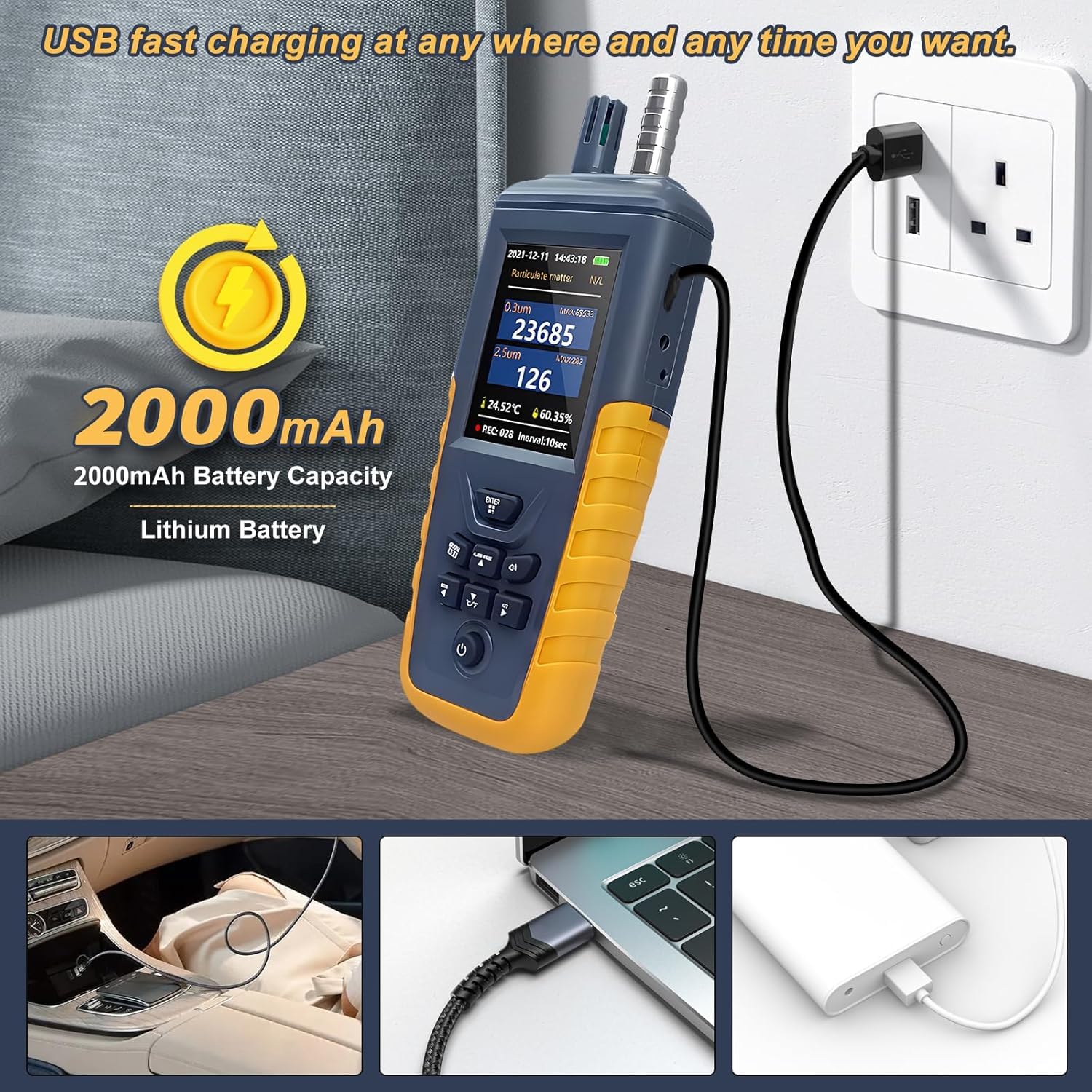 Feinstaubmessgerät Partikelmessgerät, CO2-Messgerät PM0,3/2,5/10 um Partikelmonitor, hochempfindlicher 3-Kanal 0~1000 μg/m³ USB wiederaufladbarer Temperatur- und Luftfeuchtigkeitsmonitor – Bild 2