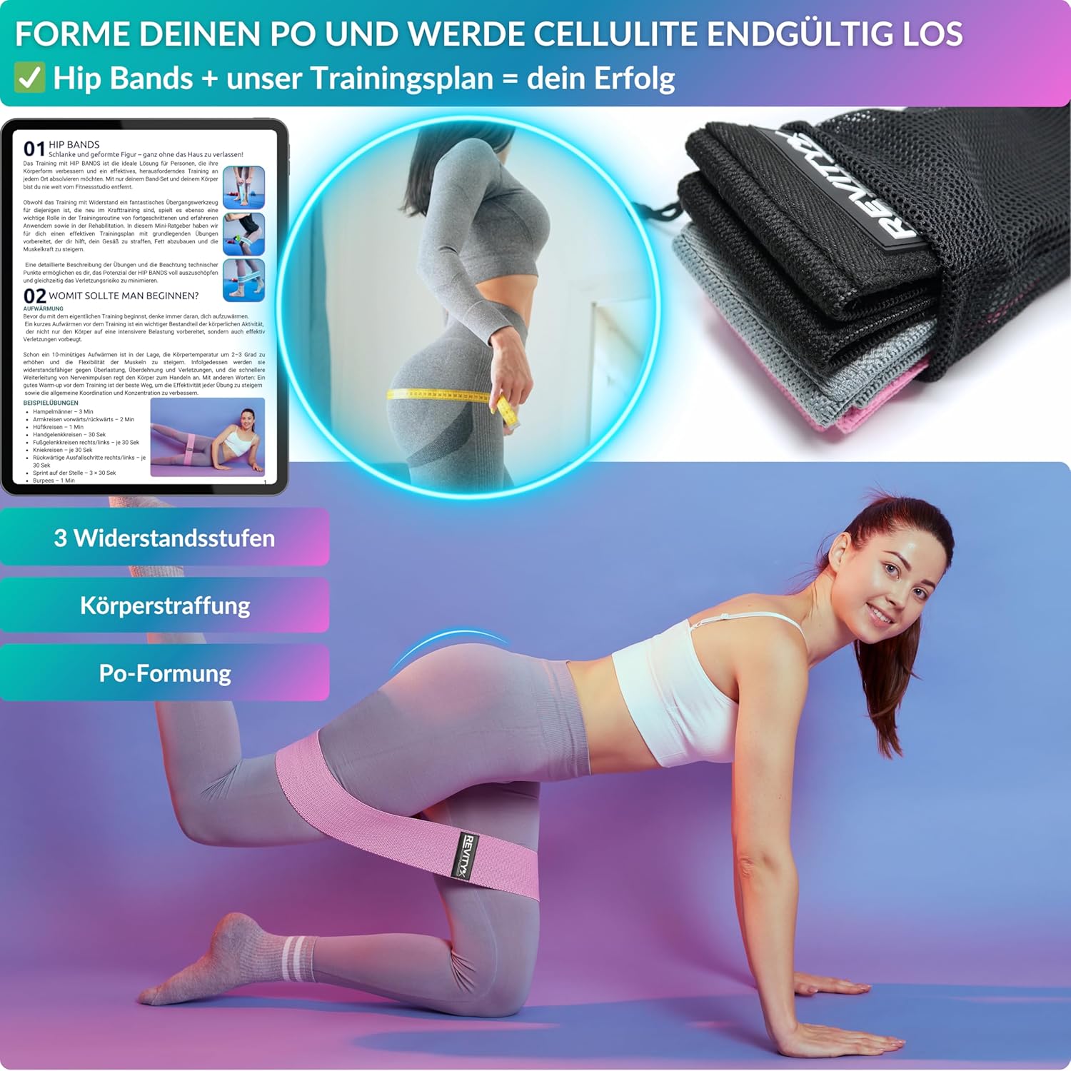 Widerstandsbänder Stoff – 3er-Set Fitnessbänder für Beine und Gesäß, rutschfest, 30-Tage-Trainingsplan PDF, Fitnessband aus Naturlatex und weichem Stoff, langlebig, mit Tragetasche – Bild 7