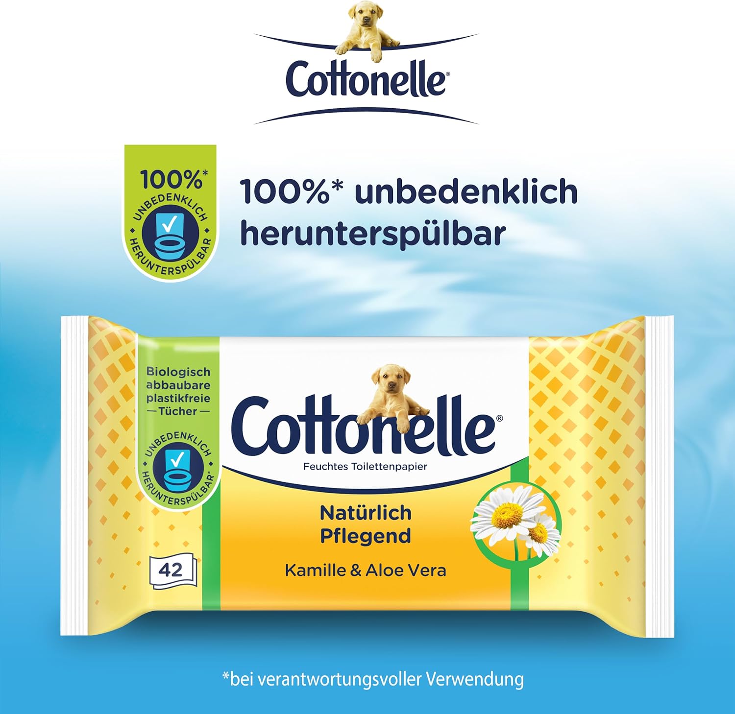 Cottonelle Feuchtes Toilettenpapier, natürlich pflegend – Kamille und Aloe Vera, biologisch abbaubar, plastikfrei, wiederverschließbar, Vorteilspackung, 12 x 42 Feuchttücher – Bild 2