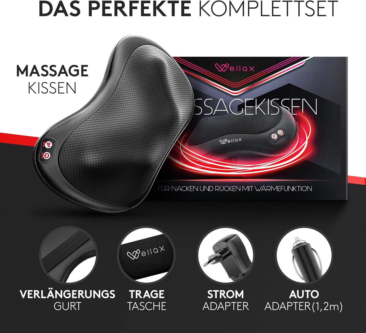 Wellax – Massagekissen mit Wärmefunktion und 360°-Drehung – Shiatsu-Nackenmassagegerät mit 3 Geschwindigkeiten für Schultern und Rücken – inklusive Verlängerungsgurt – Nackenmassagegerät, Schwarz – Bild 2