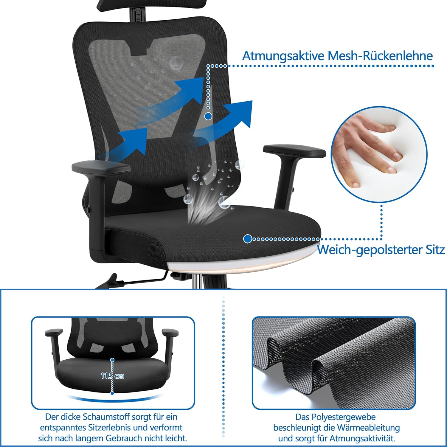 Yaheetech Ergonomischer Bürostuhl, höhenverstellbarer Schreibtischstuhl mit atmungsaktiver Netzrückenlehne, verstellbaren Armlehnen, Kopfstütze und Lordosenstütze, Wippfunktion bis 130°, Home Office, Schwarz – Bild 7