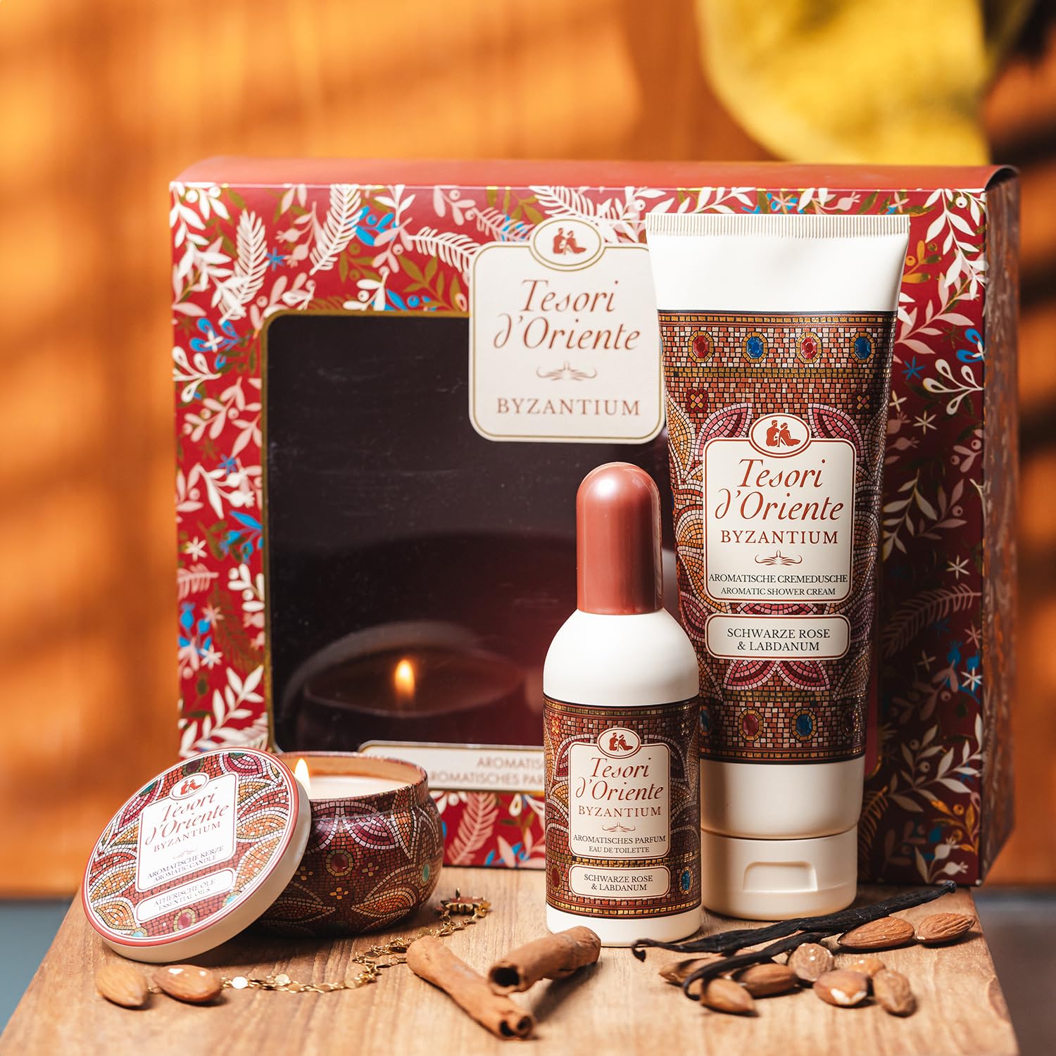 TESORI D'ORIENTE Byzantium Geschenkset (Cremedusche 250 ml, EDT 100 ml & Duftkerze) mit schwarzer Rose und Labdanum, Wellness-Rituale für Körper und Sinne – Bild 5
