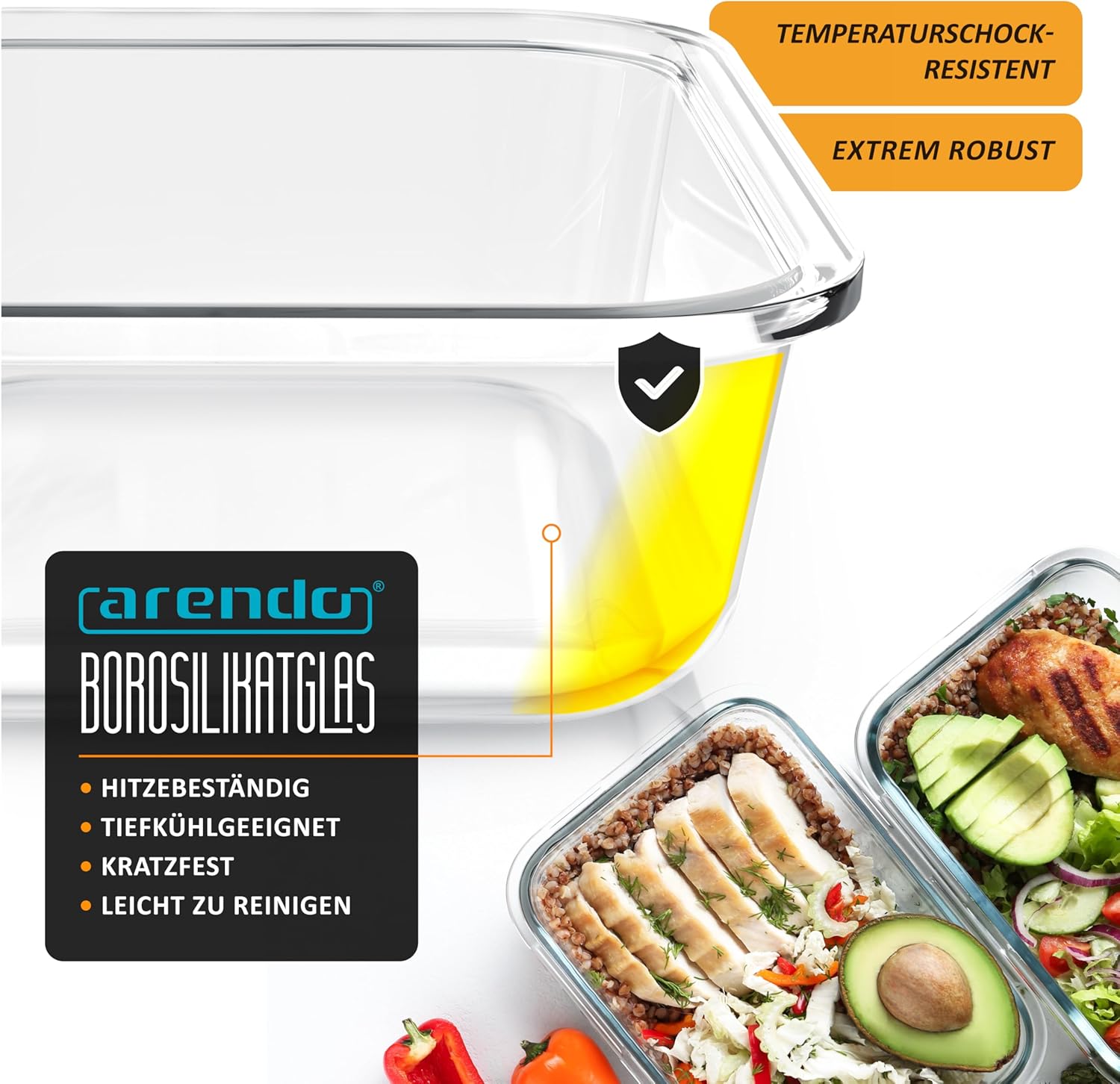 Arendo – Lunchboxen aus Glas – Frischhaltedosen mit luftdichtem Deckel – 3er-Set – 1000 ml – für Mikrowelle, Backofen, Gefrierschrank – spülmaschinenfest – Vorratsgläser, Meal-Prep-Boxen-Set – Bild 5