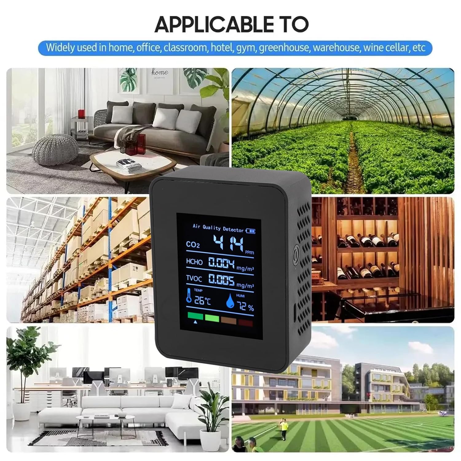 Luftqualitätsmonitor, 5-in-1-Messgerät für Raumluftqualität, CO2, TVOC, HCHO, Luftfeuchtigkeit, Temperatur, Echtzeitüberwachung, batteriebetrieben, für – Bild 8