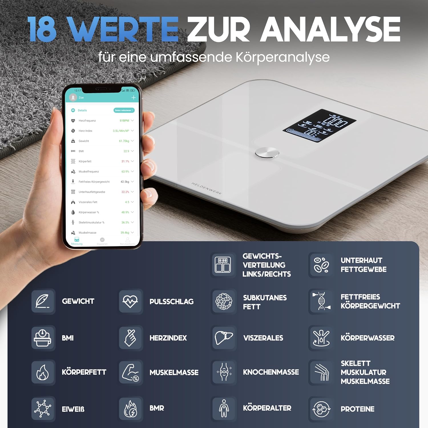 HELDENWERK Personenwaage Körperfettwaage Personen mit App & Vollflächensensor 180 kg / 400 lbs, Digitale Körperwaage, Bluetooth Körperanalysewaage für Körperfett, BMI, Muskelmasse, Protein, BMR – Bild 3