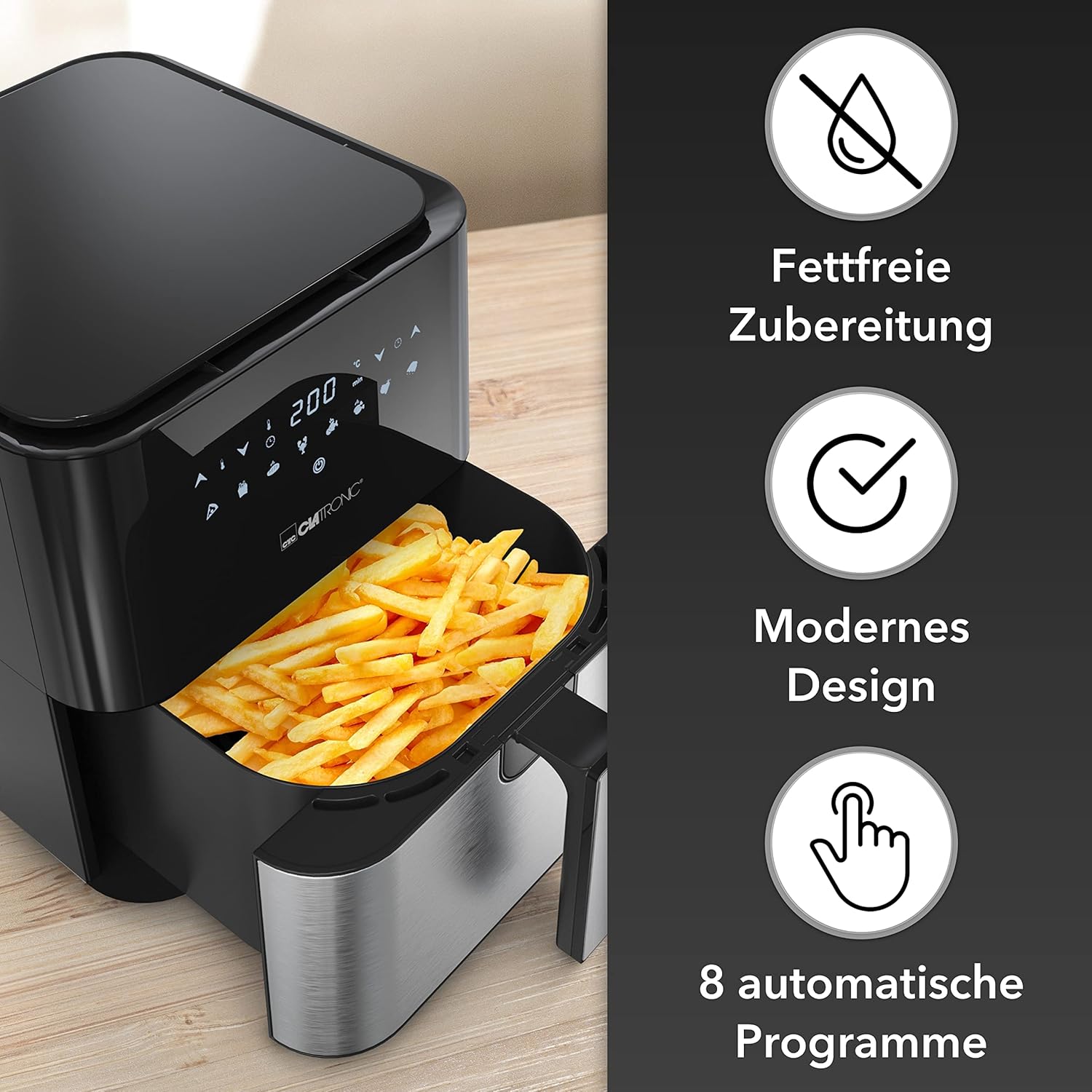 Clatronic FR 3782 H XXL Heißluftfritteuse – 5L Fritteuse | Heißluft für fettfreies Braten | Edelstahl-Airfryer mit digitalem Touchscreen | 360° Luftstrom | Heißluftfritteuse mit 8 Programmen – Bild 2
