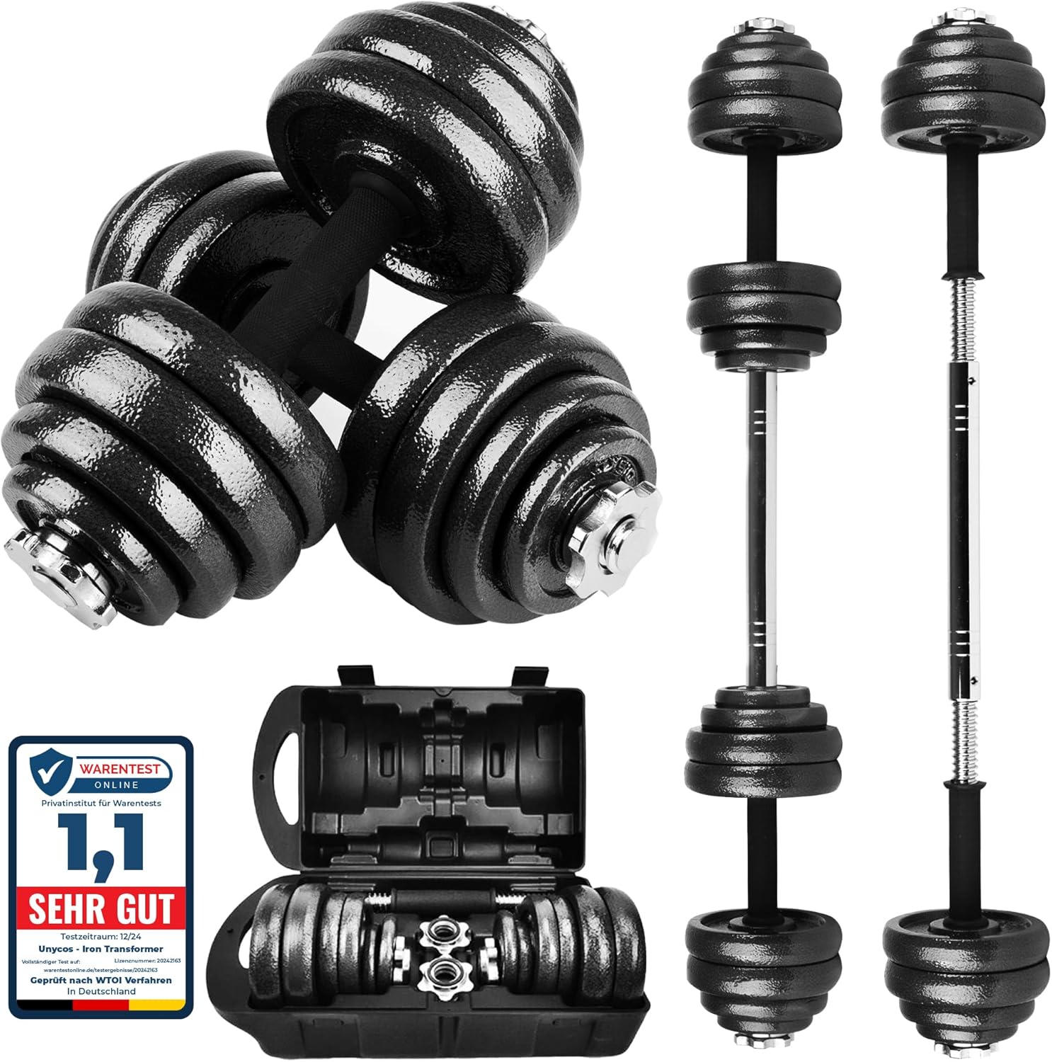 unycos – 2-in-1-Hanteln und Langhantel, verstellbar (15–50 kg), mit Übungs-E-Book, Gewichtsset mit Verbindungsstange und Eisenplatten, Aufbewahrungskoffer, Heim-Fitnessstudio (Eisentransformator)