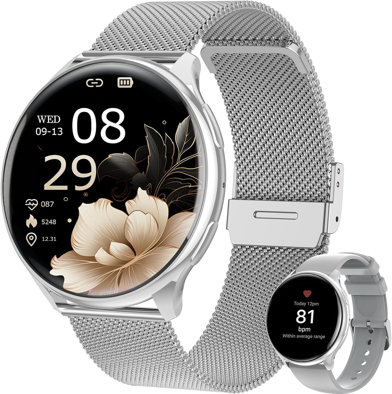 SLOKSFil Damen Smartwatch mit Telefonfunktion, 1,39 Zoll Smart Watch rund mit SpO2, 24H Herzfrequenzmesser Blutdruck Schlafmonitor, Fitness Tracker 120+ Sportmodi Schrittzähler für iOS Android (Silber)