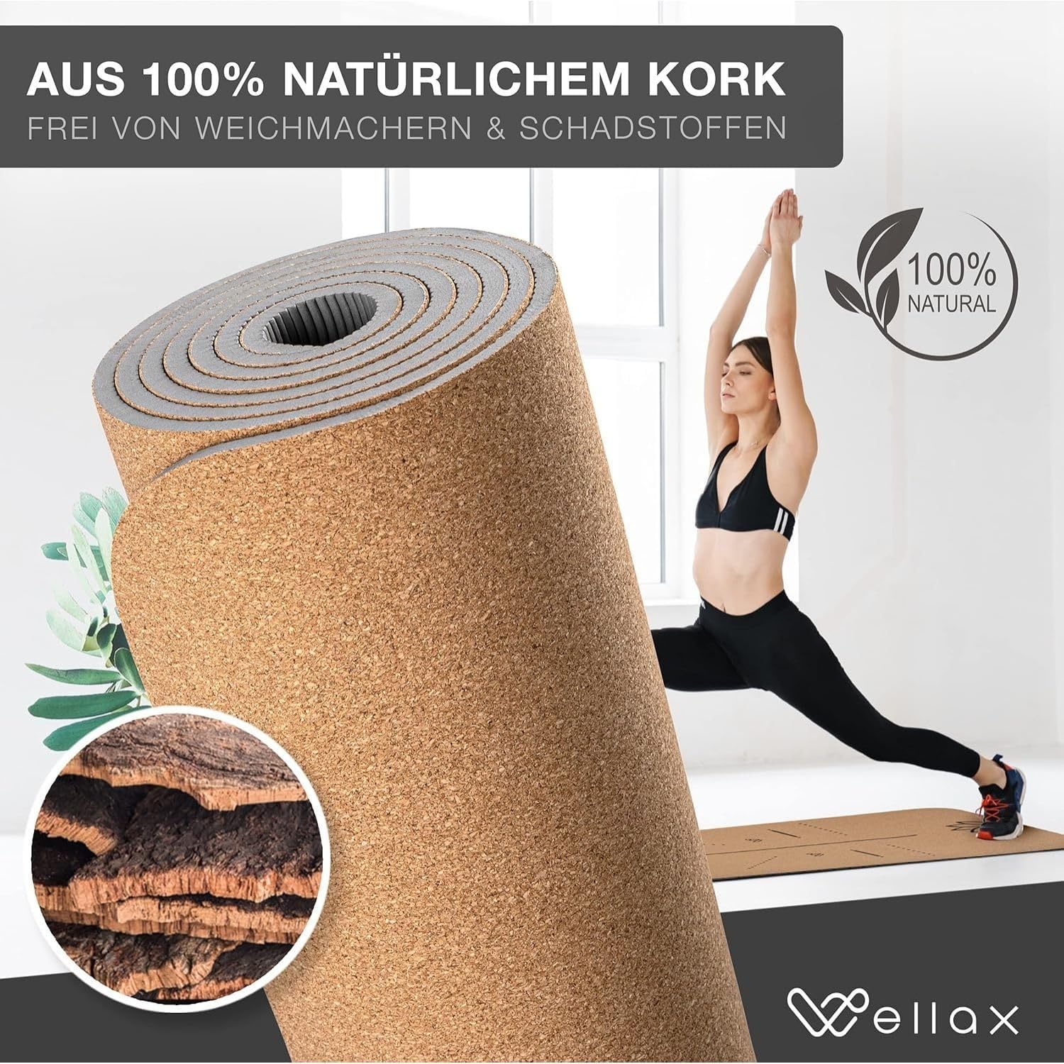 Wellax Yogamatte aus Kork – 100 % natürliche Yogamatte rutschfest (185 x 66 x 0,6 cm) – besonders dick & schadstofffrei – Sportmatte mit praktischem Tragegurt – Bild 3