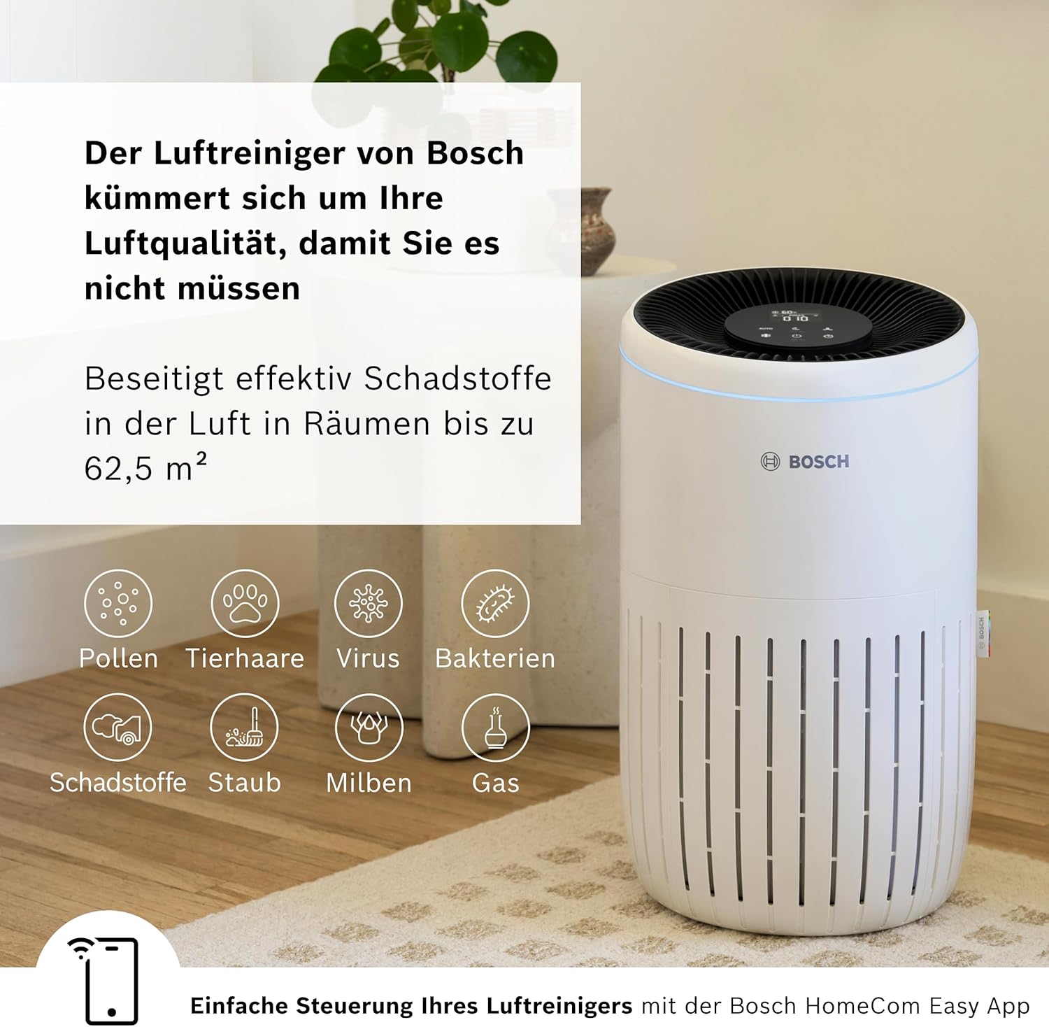 Bosch Air 4000i App-gesteuerter Luftreiniger – Für Räume bis 62,5 m² – Entfernt Schadstoffe – Mit 3-in-1-Luftfilter, Smart Sensor, Automatikmodus, Schlafmodus (< 25 dB(A)) – CADR: 300 m³/h – Bild 2