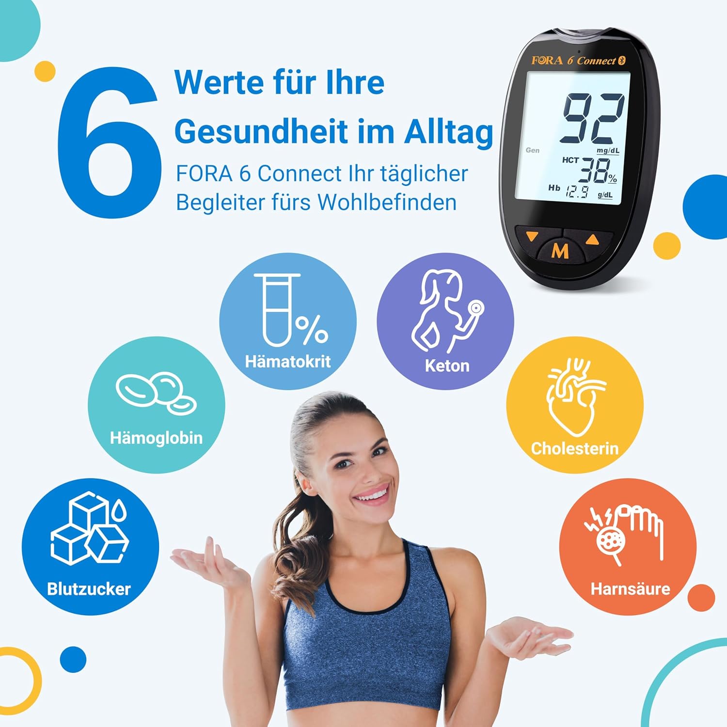 FORA 6 Connect | 4-in-1-Blutzucker-, Keton-, Cholesterin- und Harnsäuremessgerät | Für den Heimgebrauch | Bluetooth & App | Inklusive Teststreifen und Zubehör, schwarz – Bild 2