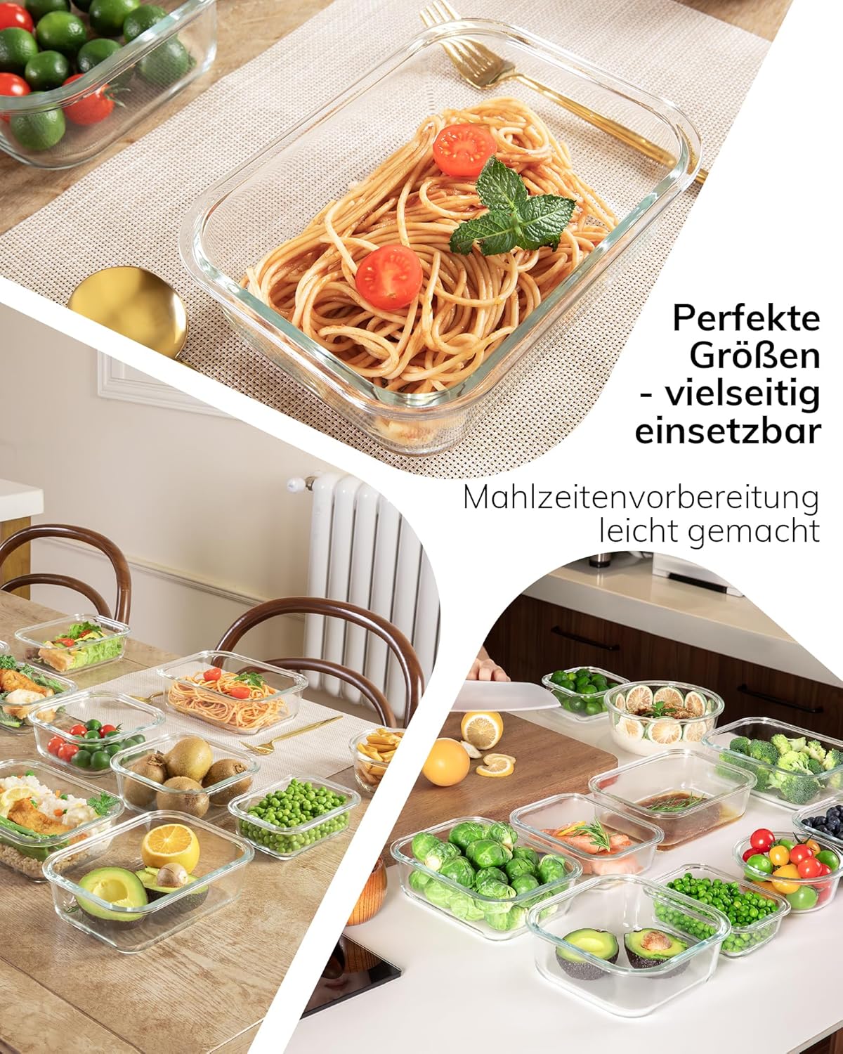 5er-Pack Borosilikatglasbehälter mit gehärtetem Deckel, 1040 ml/4,4 Tassen, luftdichtes Meal-Prep-Set, mikrowellen-/gefriergeeignet/ofenfest -20℃~510℃, Grau – Bild 8