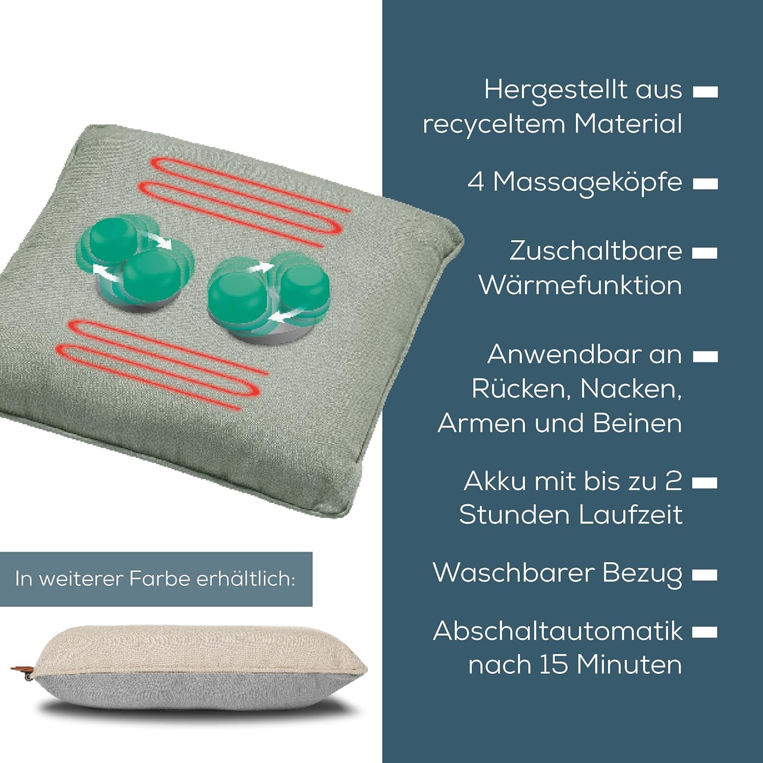 Beurer MG 139 Akku-Massagekissen mit Wärmefunktion, kabelloses Shiatsu-Massagekissen, zuschaltbare Wärme, aus recyceltem Material, maschinenwaschbar, automatische Abschaltung, 40 x 40 cm, Mint – Bild 6