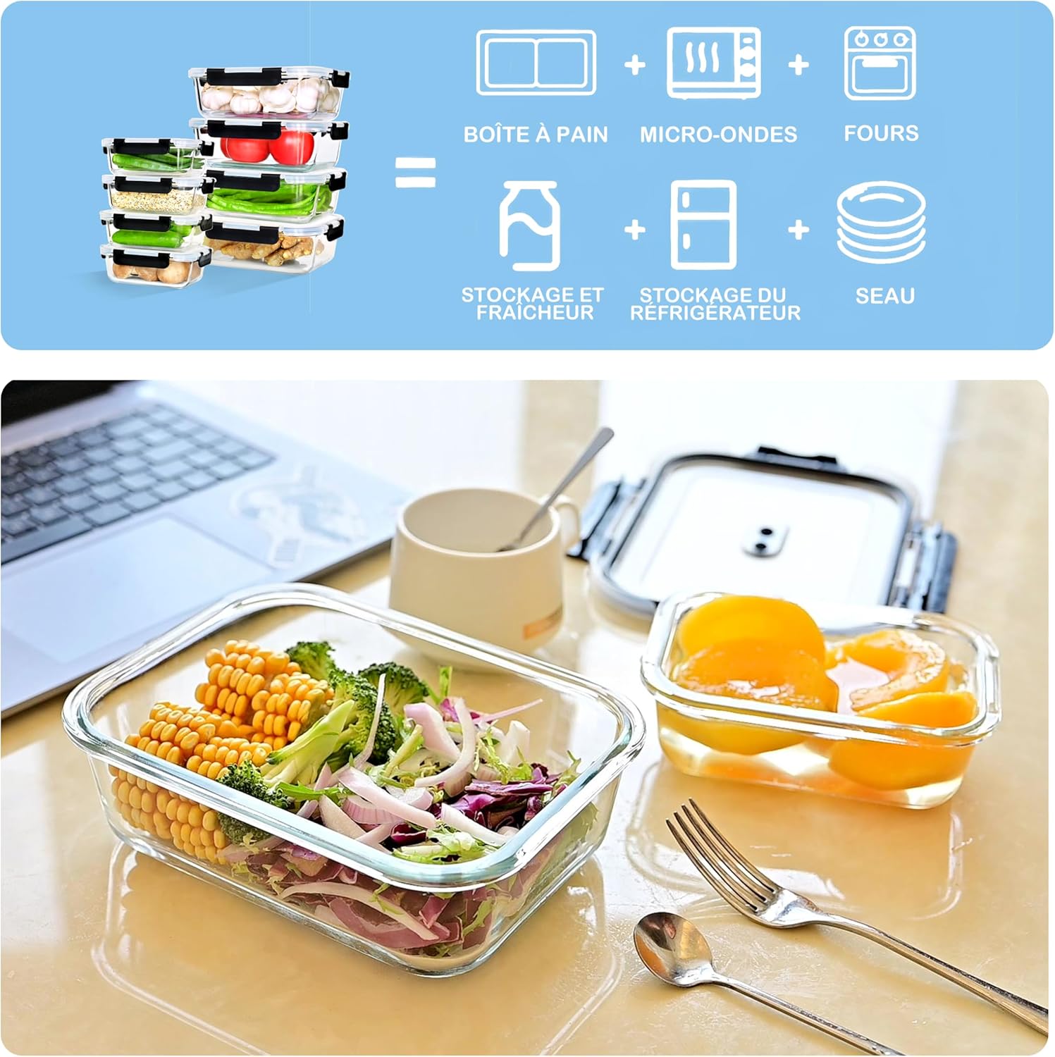 ERUIV Meal Prep Boxen Glas, (4 Behälter + 4 Deckel) Meal Prep Glas 1520 ml, Frischhaltedosen Glas, Gefrierbehälter Set mit Dampfventil, Glasdose transparent mit Deckel, BPA-freies Vorratsdose Glas – Bild 6