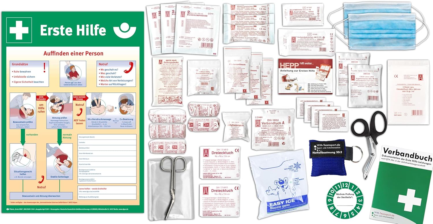 Komplette Füller-Erste Hilfe nach aktueller DIN/EN 13157 plus 1 Packung 2 für Betriebe inkl. Notbeatmungshilfe und Hinweis „Erste Hilfe“