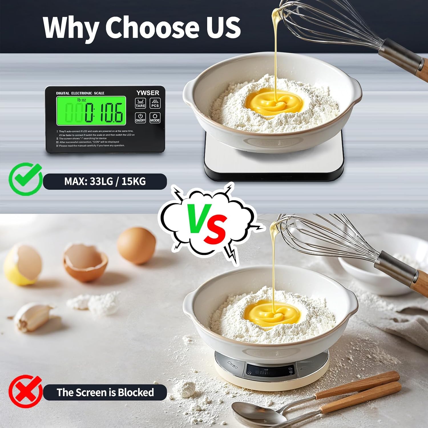 15 kg digitale Küchenwaage mit LCD-Fernanzeige, geteiltes Display für einfaches Ablesen und Reinigen, 1 g Präzision, 7 Einheiten, Tara-Funktion zum Backen, Kochen (Silber-Schwarz) – Bild 4