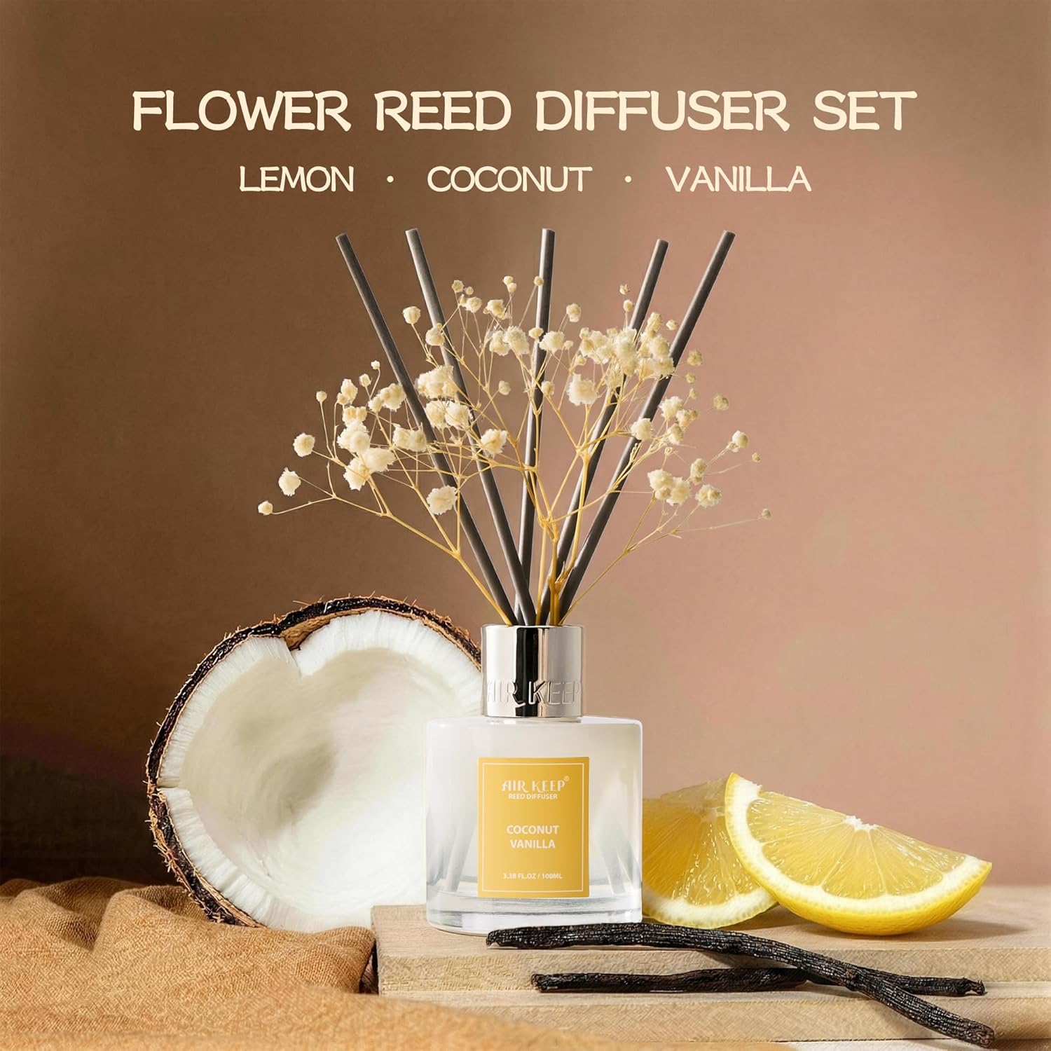 Airkeep Raumduft Coconut Vanilla – Schilfrohr-Diffusor mit 8 Duftstäbchen, langanhaltender Lufterfrischer für Badezimmer, Schlafzimmer & Wohnzimmer, stilvolle Heimdekoration, 100 ml – Bild 2