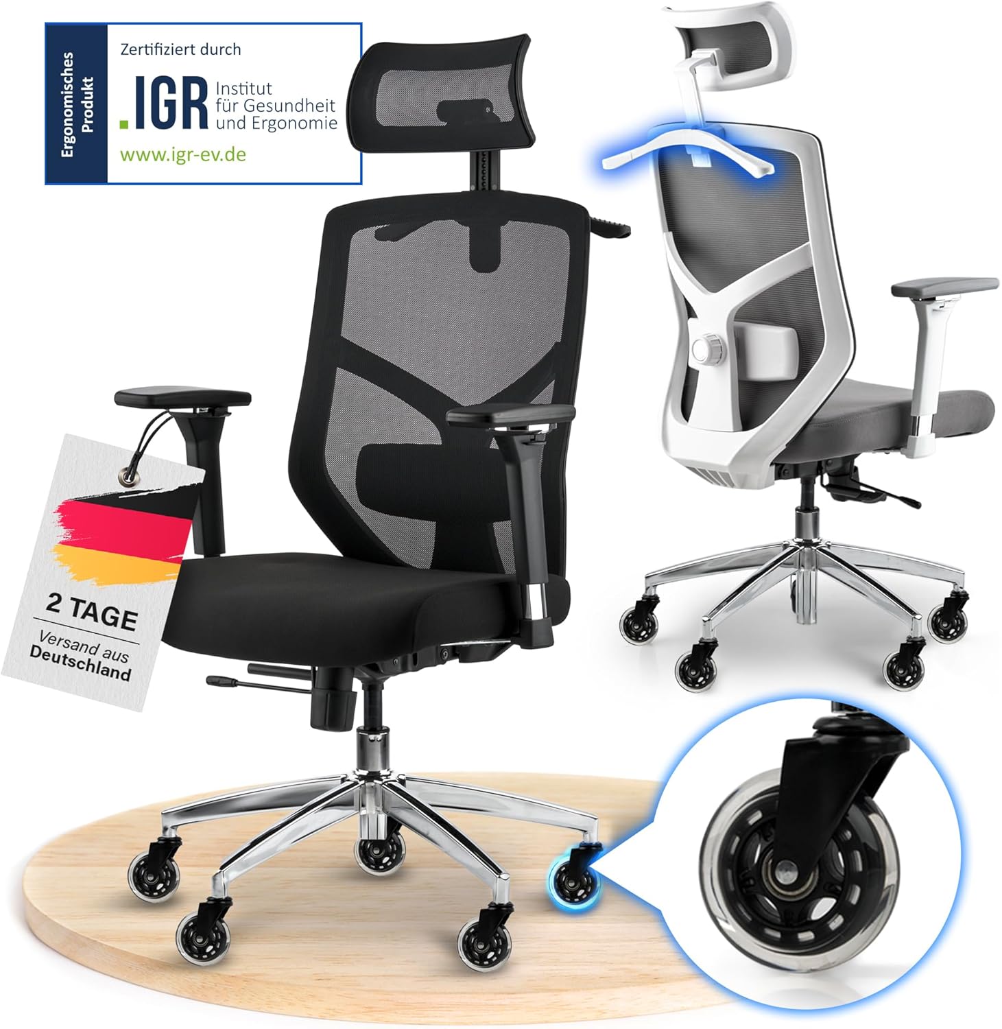 ELITESEATS Ergonomischer Bürostuhl (Testsieger), kratzfreie Rollen, atmungsaktiv, ergonomischer Schreibtischstuhl, Bürostuhl, 150 kg belastbar, Computerstuhl, Drehstuhl, Heimbürostuhl, ergonomisch