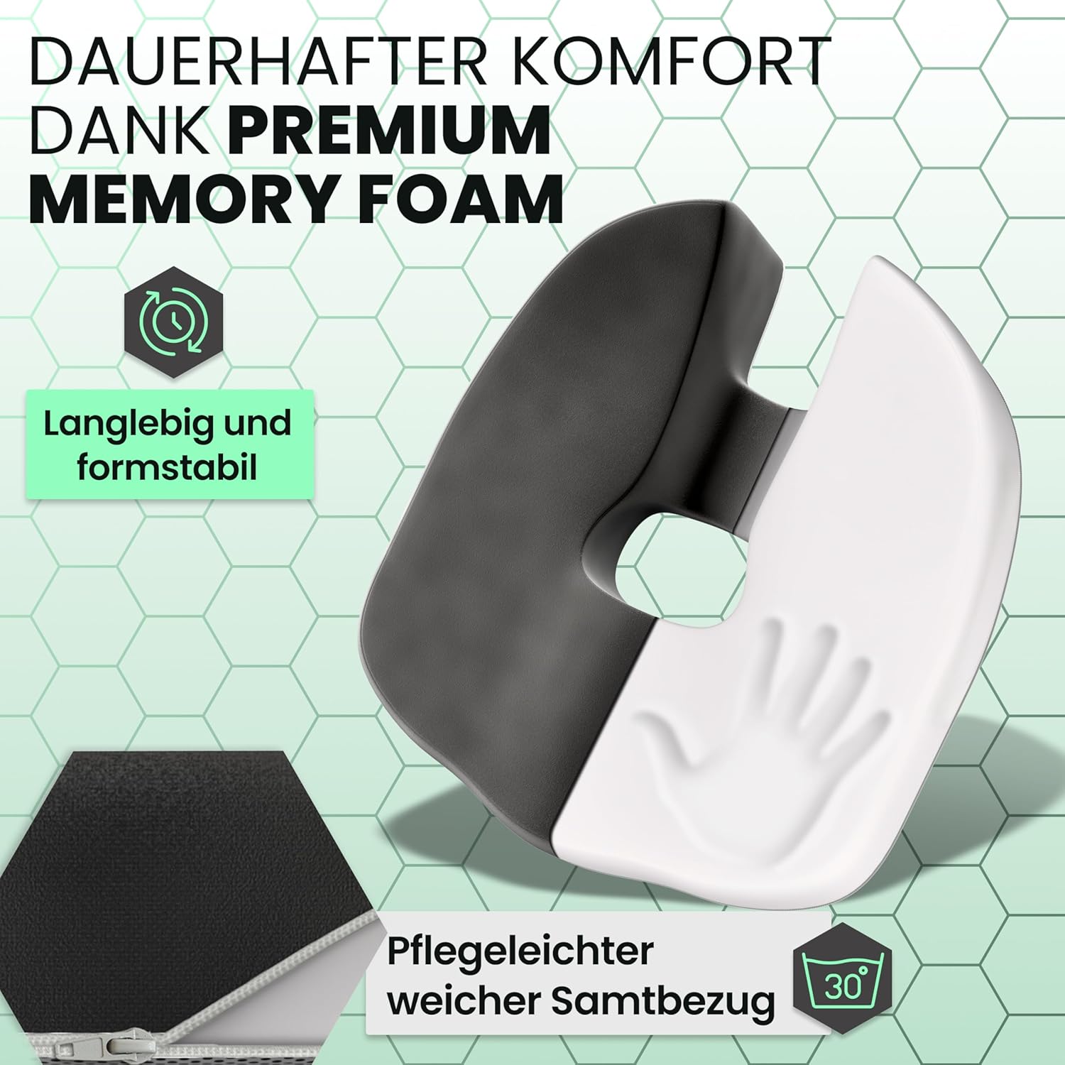 Orthopädisches Sitzkissen – ergonomisch, Memory-Schaum, entlastet Steißbein und Rücken, gebrauchsfertig – IGR-zertifiziert und Öko-Tex-zertifiziert, ideal für Büro, Auto, Reisen und Schwangerschaft – Bild 6