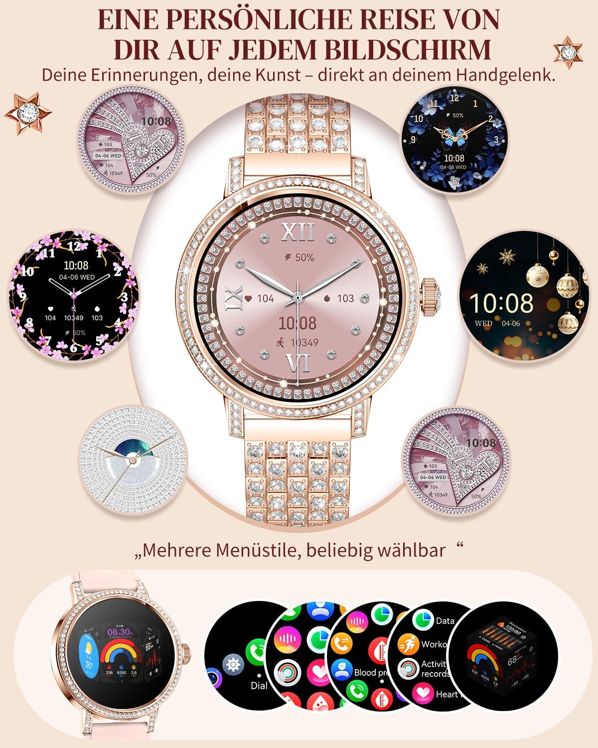 Female Diamond Smartwatch, Bluetooth-Anrufe (Annehmen und Anrufe)/Schlaf-/Herzfrequenz-Smartwatch mit 1,27-Zoll-HD-Display, Fitness-Tracker für Android und iOS – Bild 5